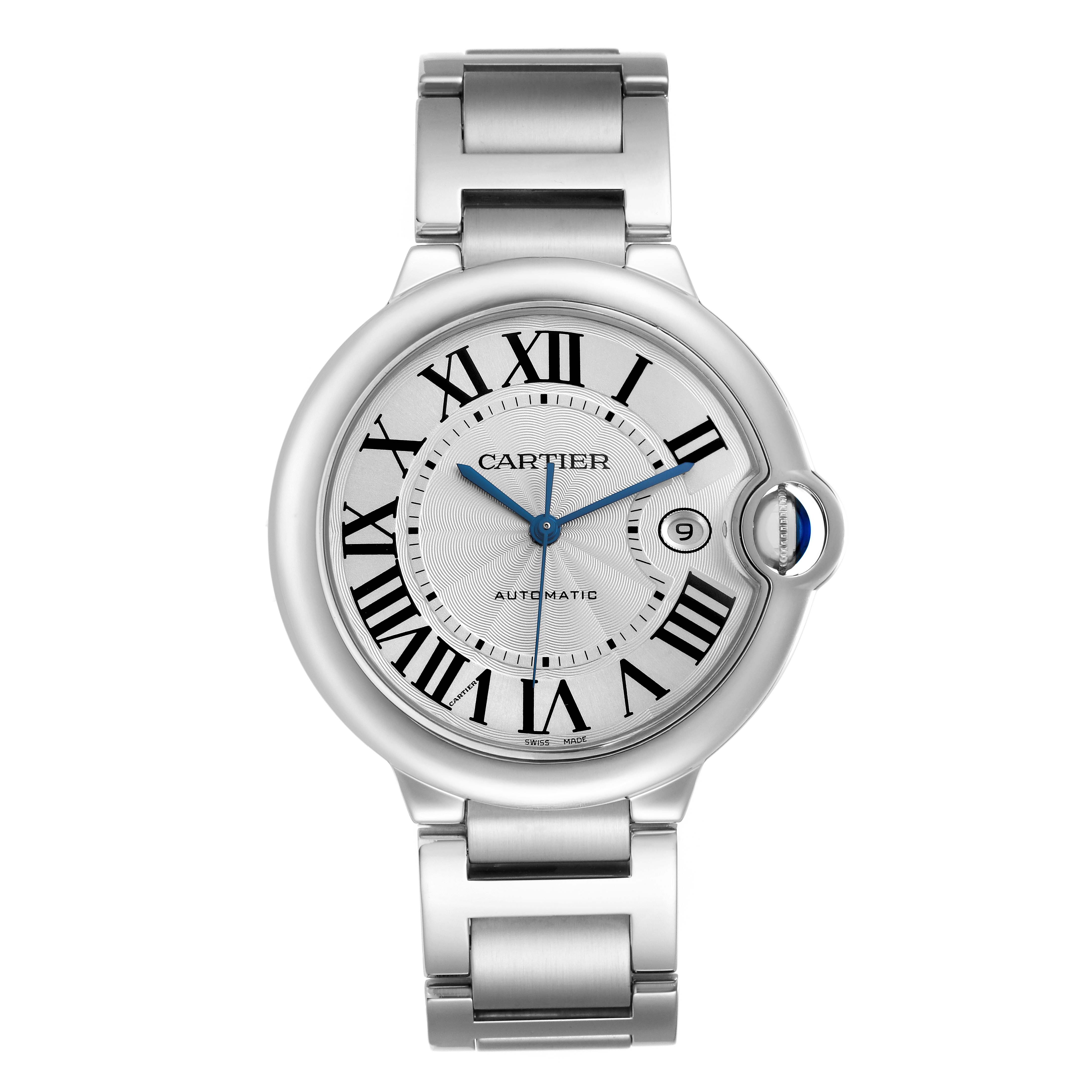 The Cartier Ballon Bleu W69012Z4 Men
s Stainless Steel Silver Dial watch is shown from the front, highlighting the face, Roman numerals, and stainless steel bracelet.
