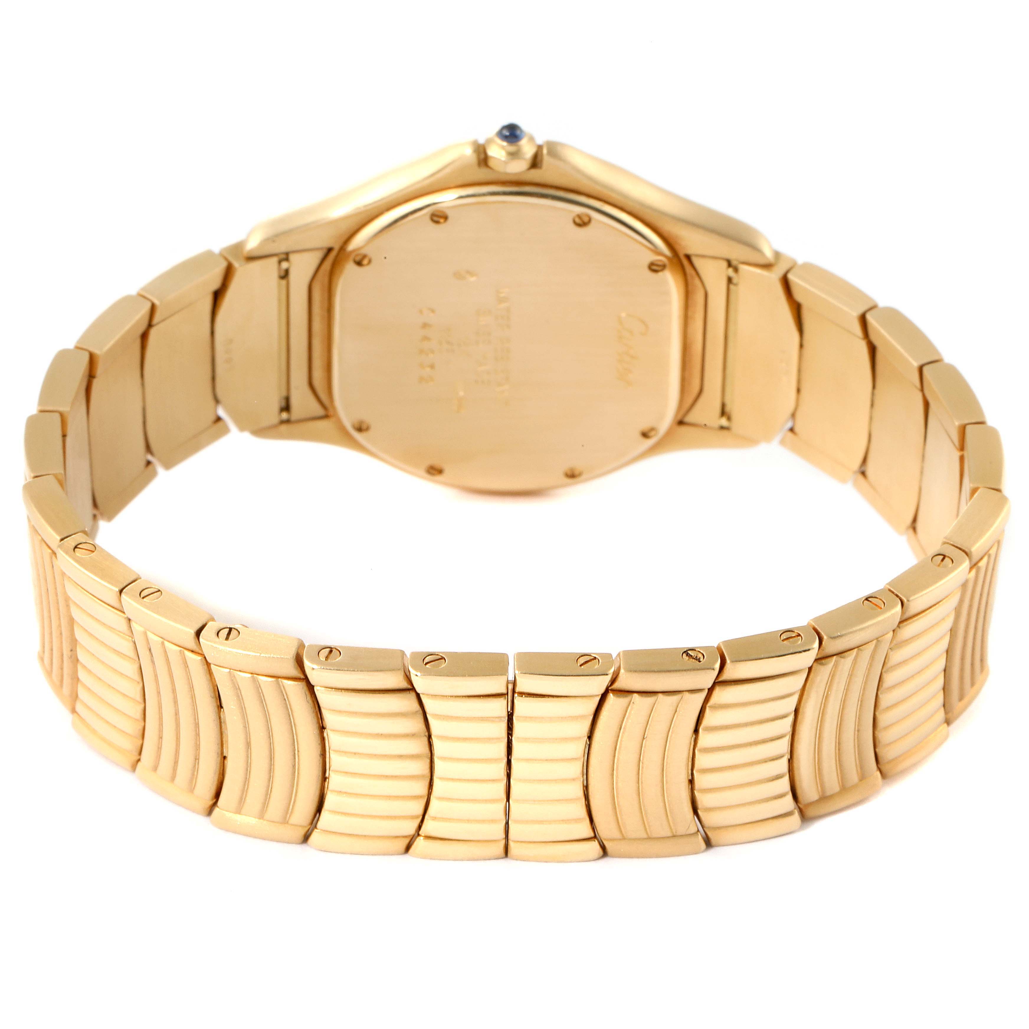 The image shows the back case and bracelet of a Cartier Panthere 11651 Men
s Yellow Gold Blue Dial 11651 Men
s Yellow Gold Blue Dial watch, highlighting the gold links.
