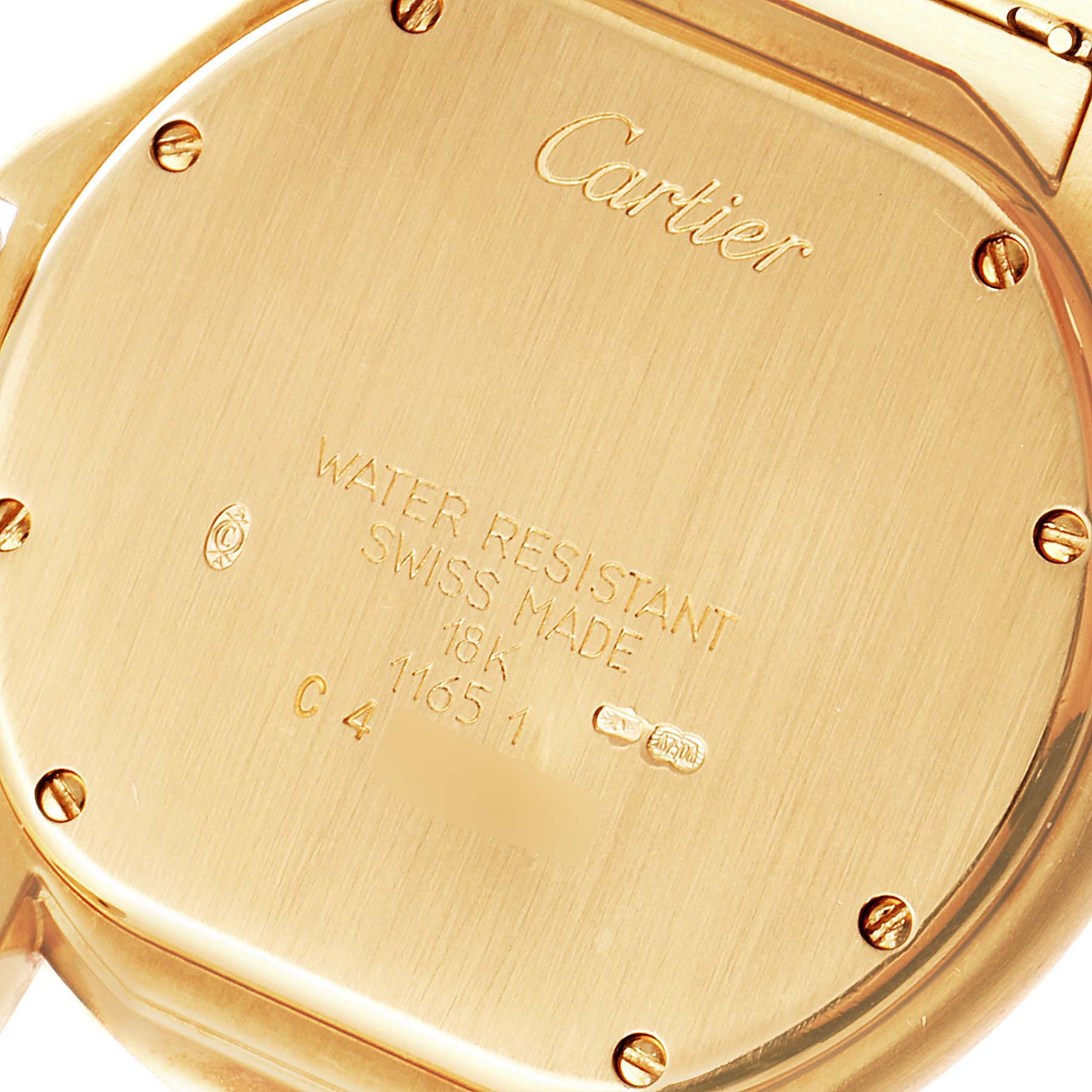 The image shows the back case of the Cartier Panthere 11651 Men
s Yellow Gold Blue Dial 11651 Men
s Yellow Gold Blue Dial watch with engraved details and screw accents.