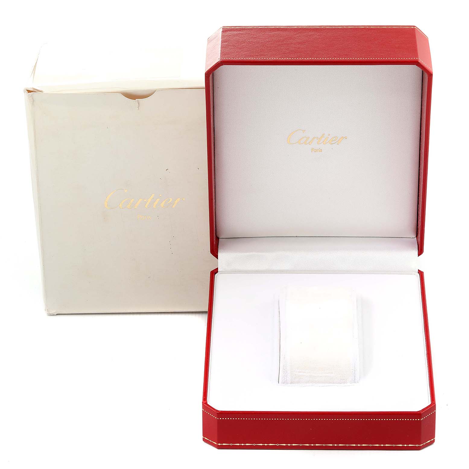 The image shows the packaging for a Cartier Panthere 11651 Men
s Yellow Gold Blue Dial 11651 Men
s Yellow Gold Blue Dial watch, including a red watch box and outer white box.
