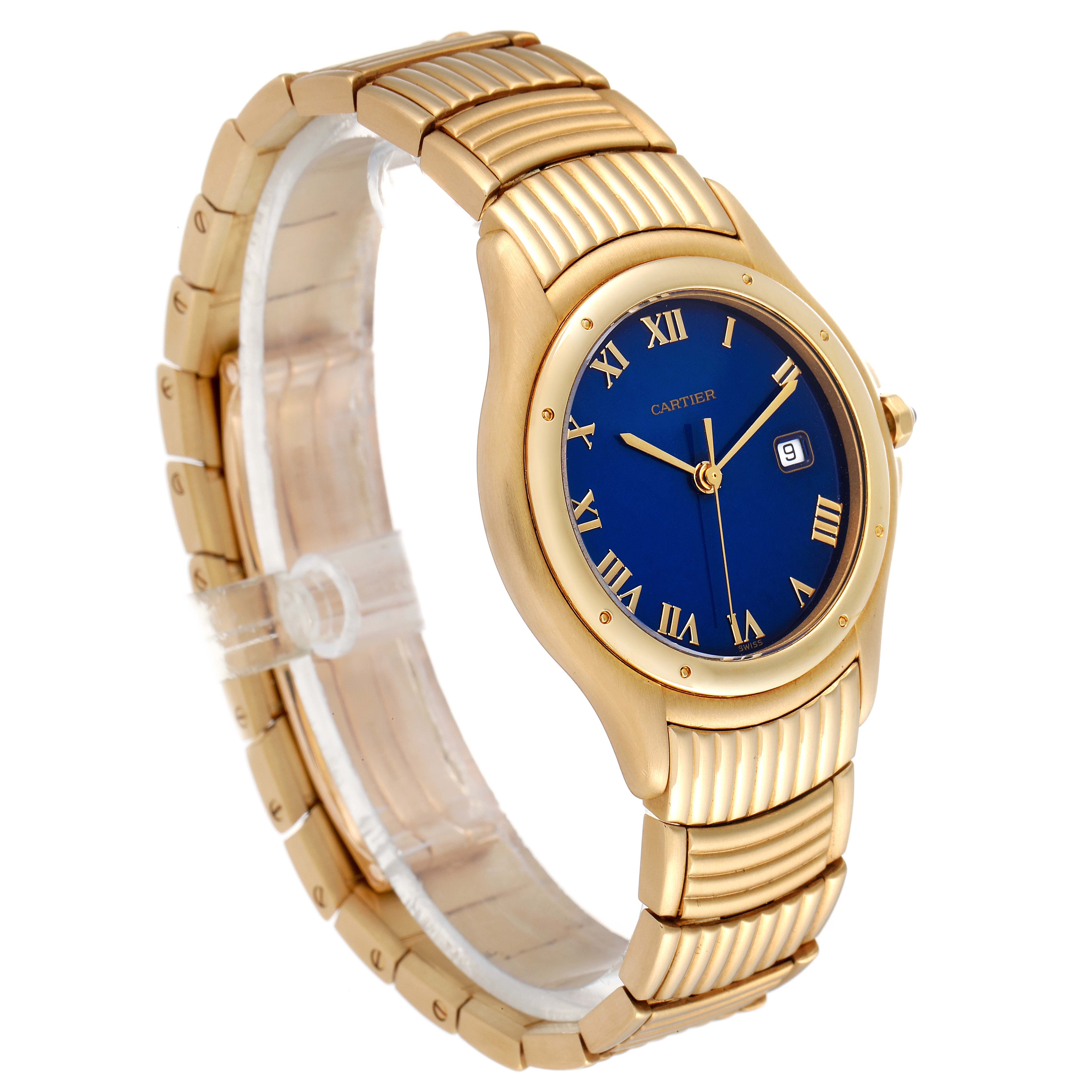 The Cartier Panthere 11651 Men
s Yellow Gold Blue Dial 11651 Men
s Yellow Gold Blue Dial model is shown at a three-quarter angle, highlighting its gold band and blue Roman numeral dial.