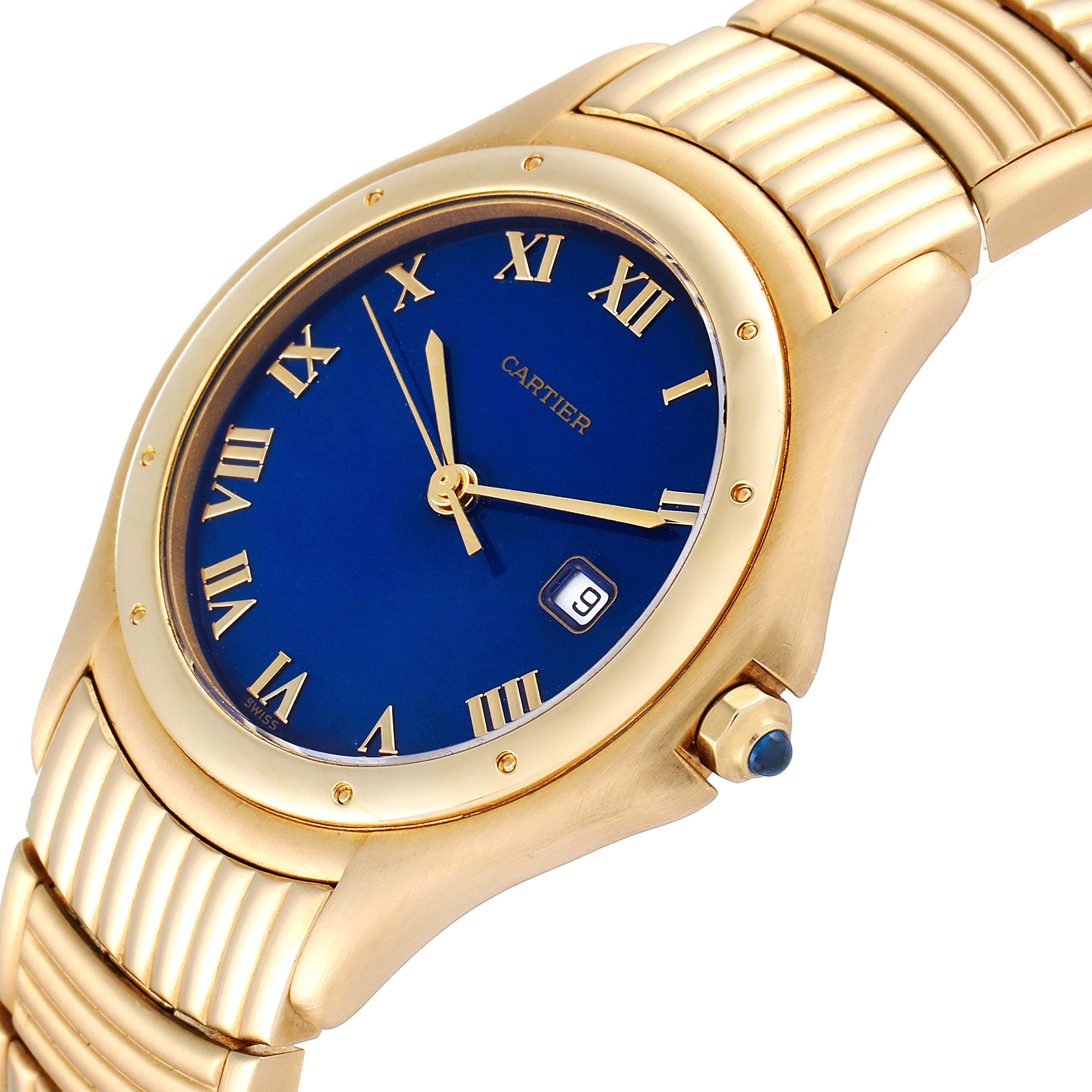 This image shows a Panthere model watch by Cartier, angled to display the gold body, blue dial, Roman numerals, and date window.