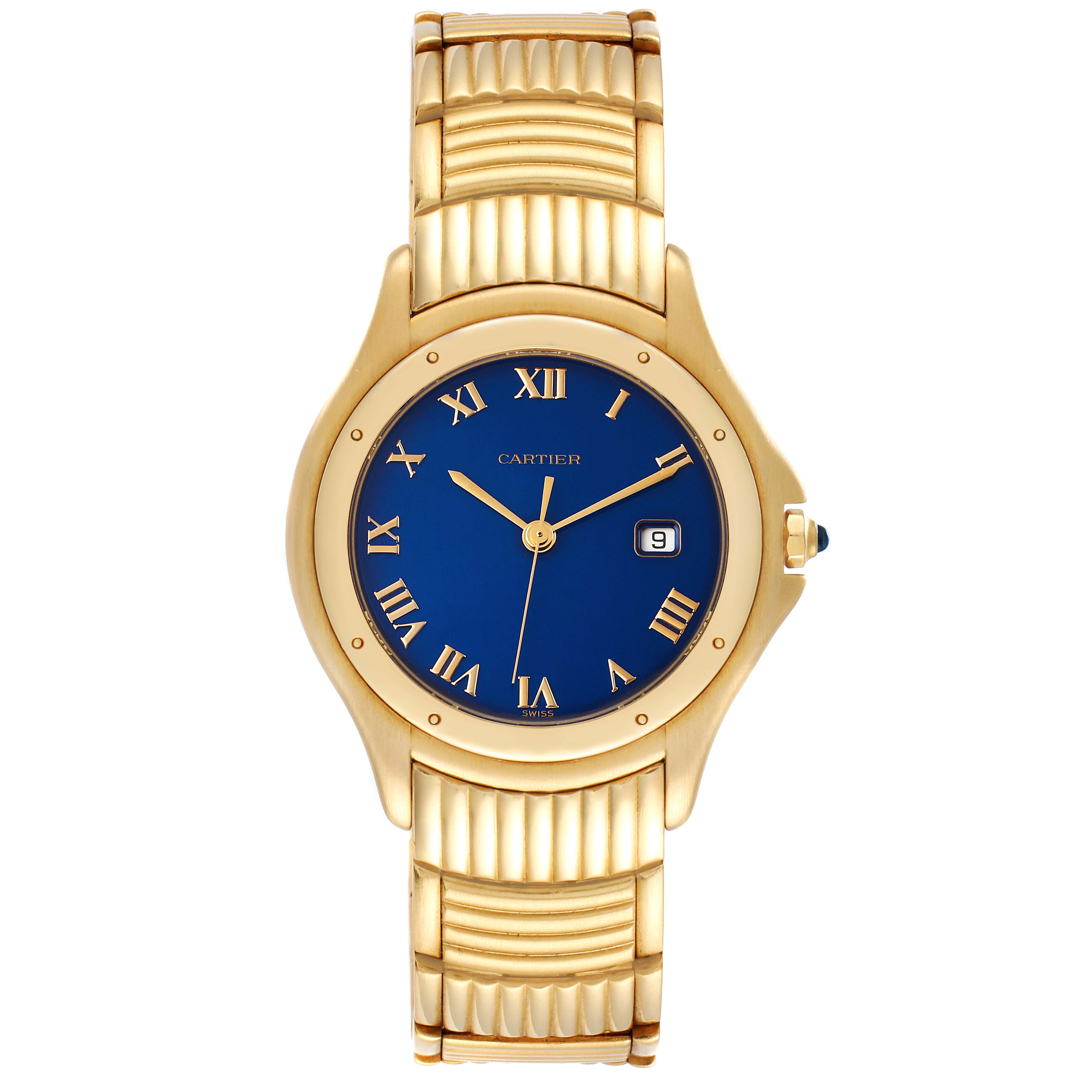 This image shows a front view of the Cartier Panthere 11651 Men
s Yellow Gold Blue Dial 11651 Men
s Yellow Gold Blue Dial watch with a gold bracelet and a blue dial.