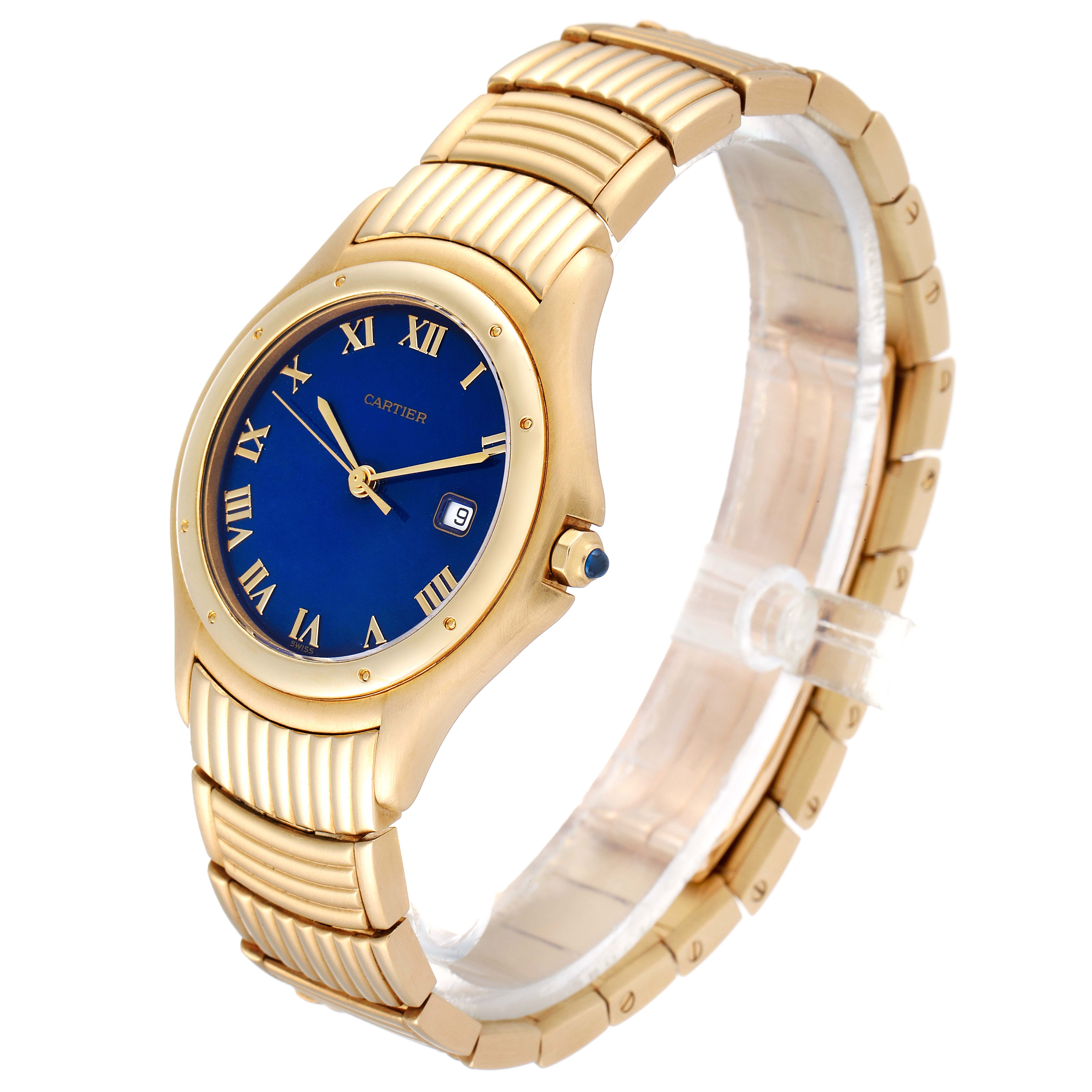 The Cartier Panthere 11651 Men
s Yellow Gold Blue Dial 11651 Men
s Yellow Gold Blue Dial watch is shown at a three-quarter angle, displaying its gold bracelet, blue dial, and date window.