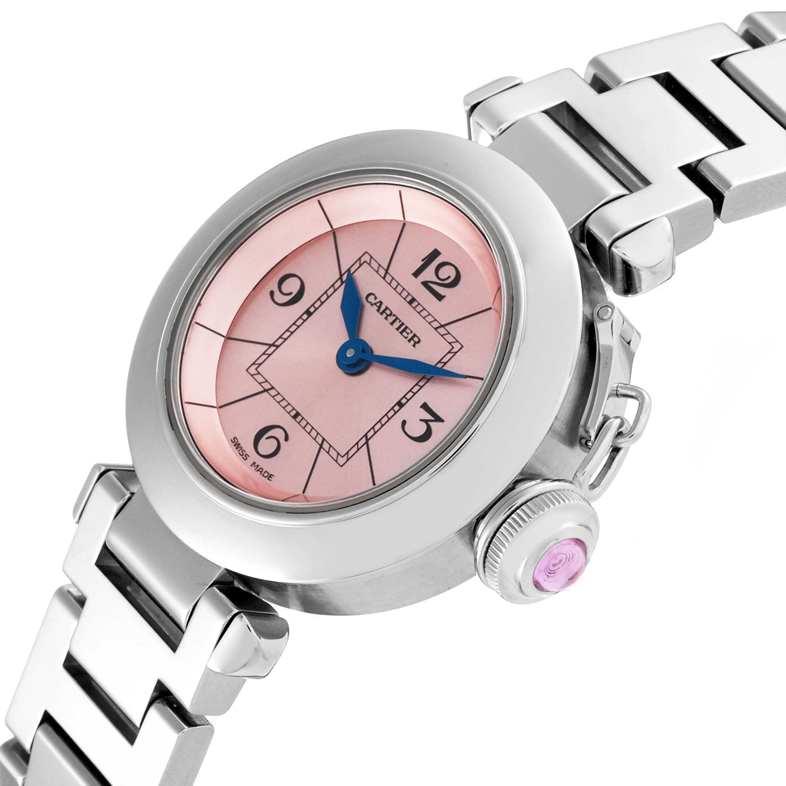 The Cartier Pasha W3140008 Women's Stainless Steel Pink Dial W3140008 Women's Stainless Steel Pink Dial watch is shown at an angled close-up, displaying the pink dial, blue hands, and metal bracelet.