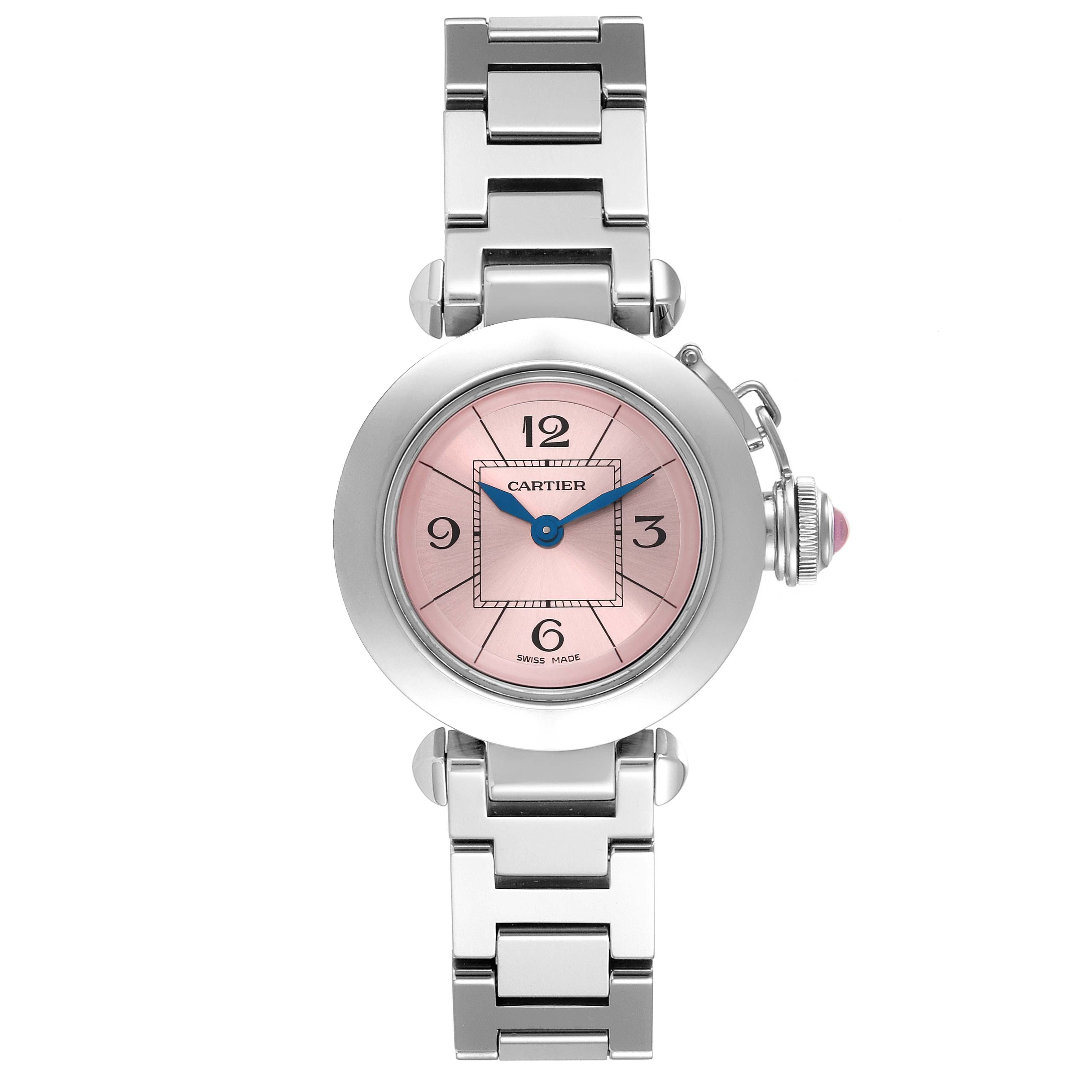 The image shows a full frontal view of the Cartier Pasha W3140008 Women's Stainless Steel Pink Dial W3140008 Women's Stainless Steel Pink Dial watch with a pink dial and stainless steel bracelet.