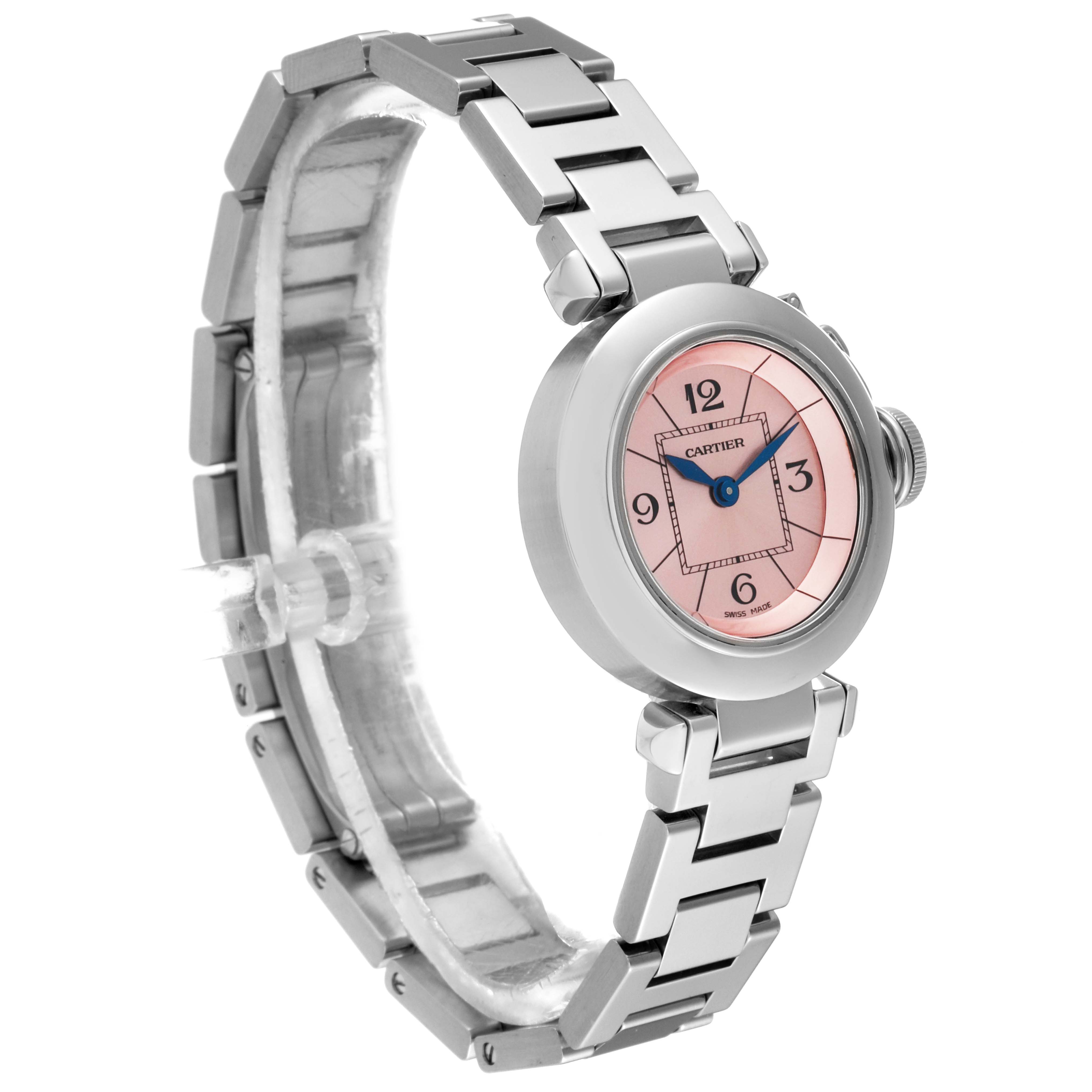 The Cartier Pasha W3140008 Women's Stainless Steel Pink Dial W3140008 Women's Stainless Steel Pink Dial watch is shown at an angle showcasing its face, band, and bezel.
