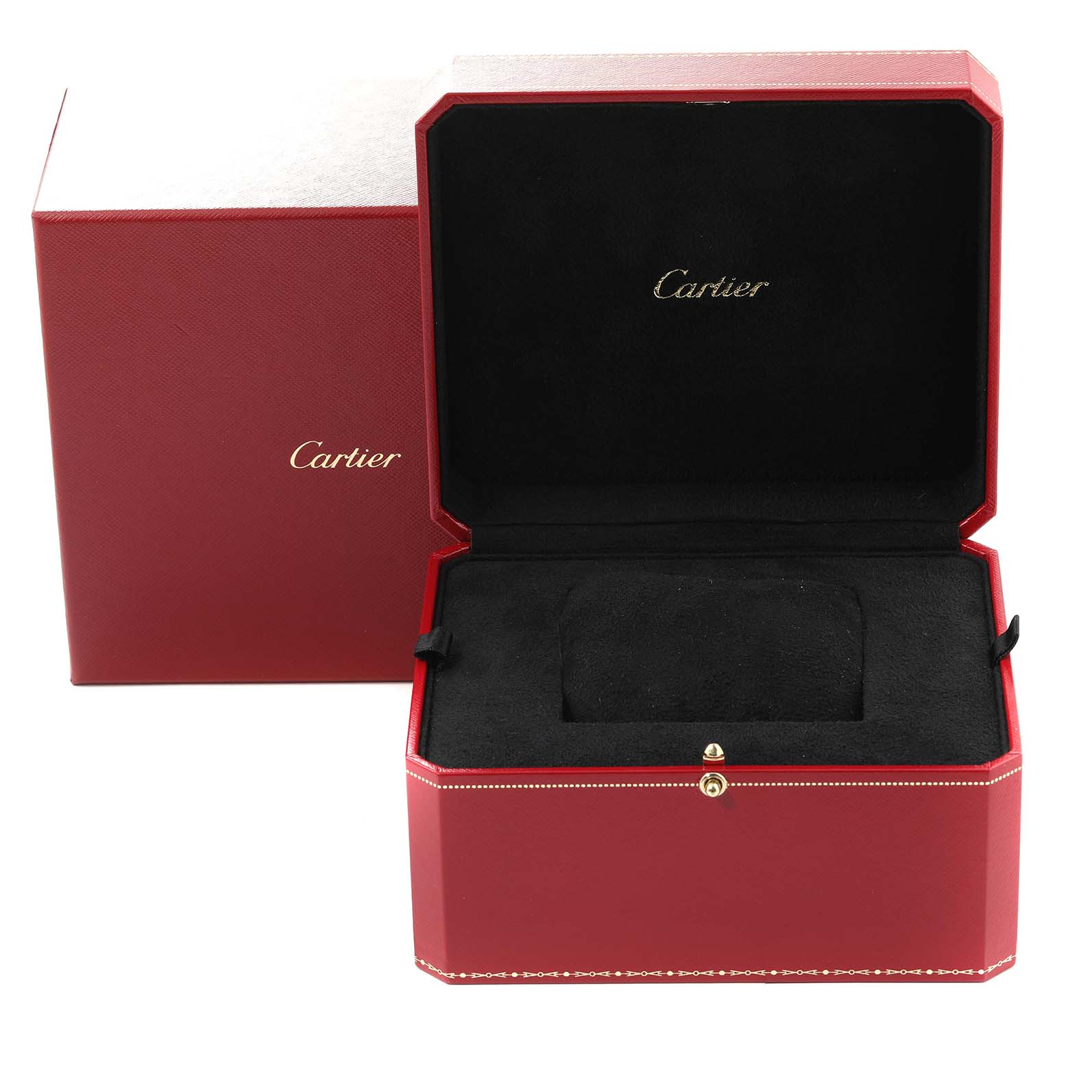 The image shows an open red Cartier box for a Panthere model watch, with a black interior and the Cartier logo inside.