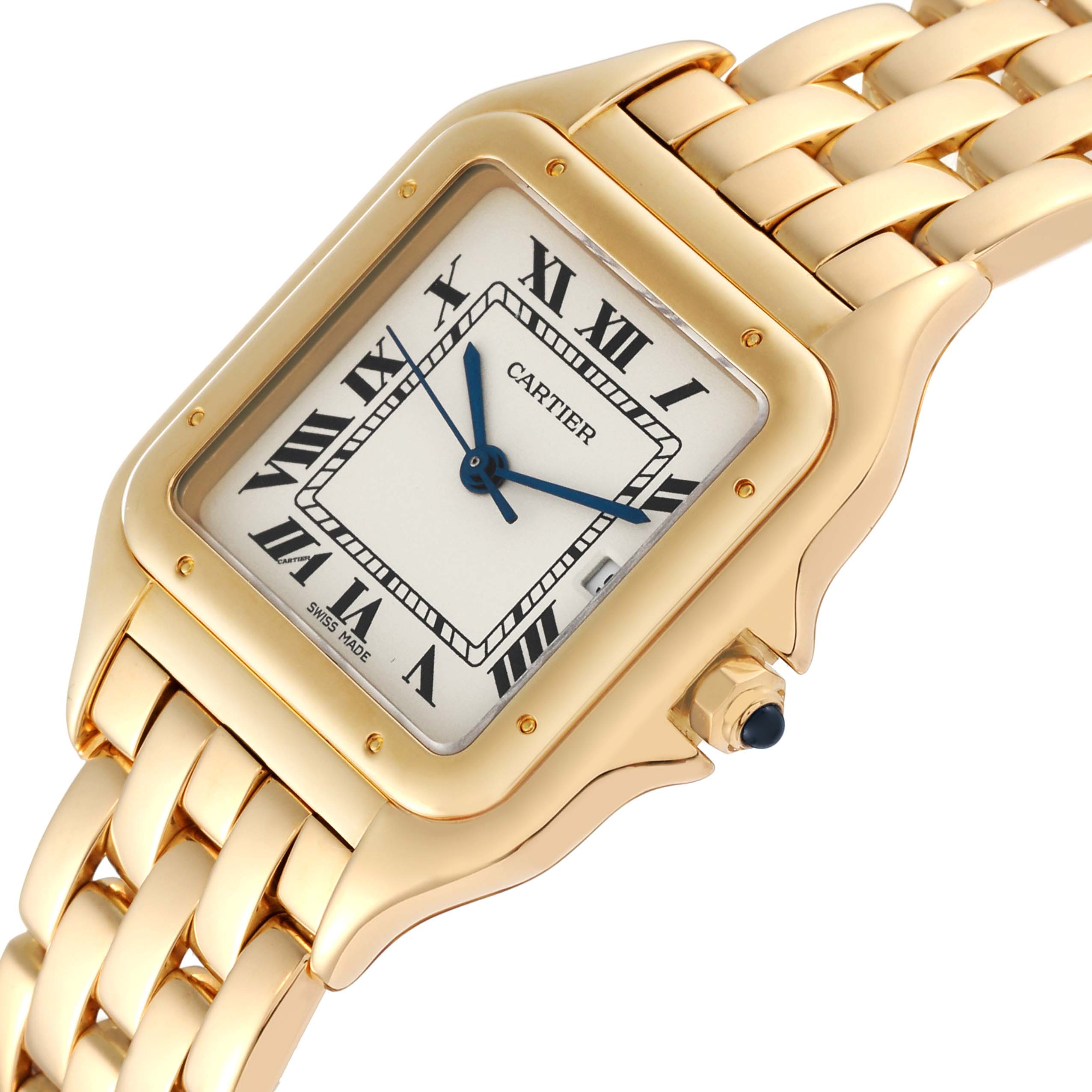 The image shows a close-up angled view of the Cartier Panthere W25014B9 Men's Yellow Gold Silver Dial W25014B9 Men's Yellow Gold Silver Dial model watch, highlighting its gold bracelet, case, and dial.