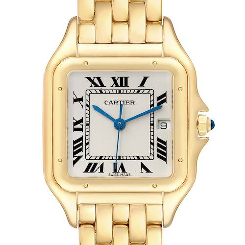 This image shows a front view of the Cartier Panthere watch, highlighting its gold case, bracelet, Roman numeral dial, and blue hands.