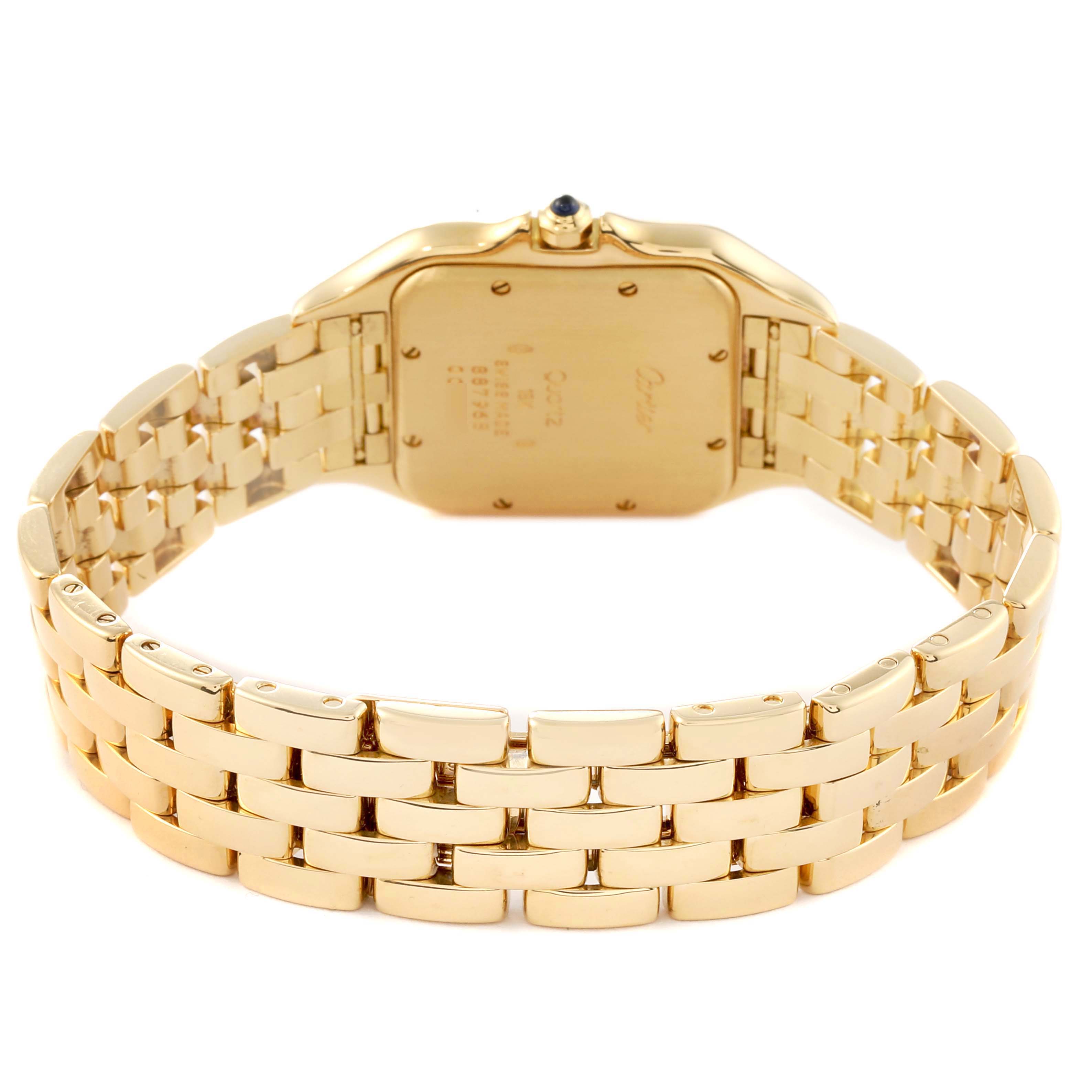 This image shows the back case and bracelet of the Cartier Panthere W25014B9 Men's Yellow Gold Silver Dial W25014B9 Men's Yellow Gold Silver Dial model watch.