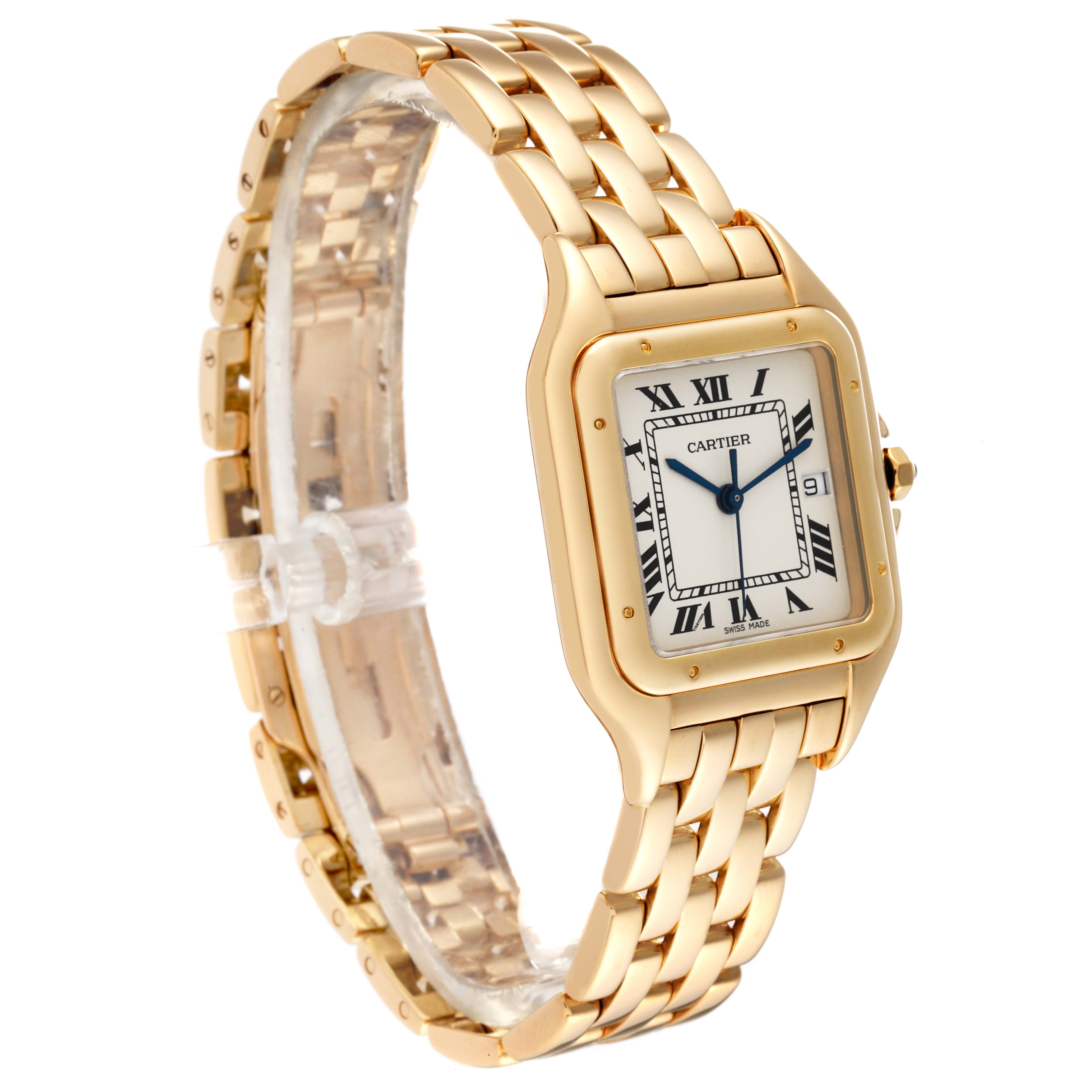The image shows a gold Cartier Panthere W25014B9 Men's Yellow Gold Silver Dial W25014B9 Men's Yellow Gold Silver Dial model watch angled slightly to display its face, bracelet, and side profile.