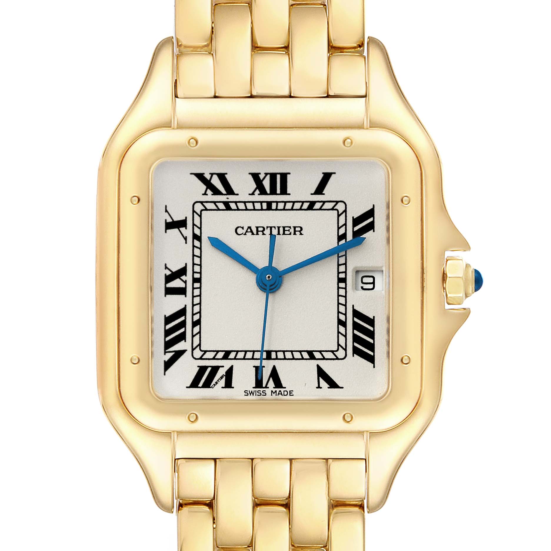 The image shows the face and partial bracelet of a Cartier Panthere W25014B9 Men's Yellow Gold Silver Dial W25014B9 Men's Yellow Gold Silver Dial watch, highlighting the Roman numeral dial and date window.