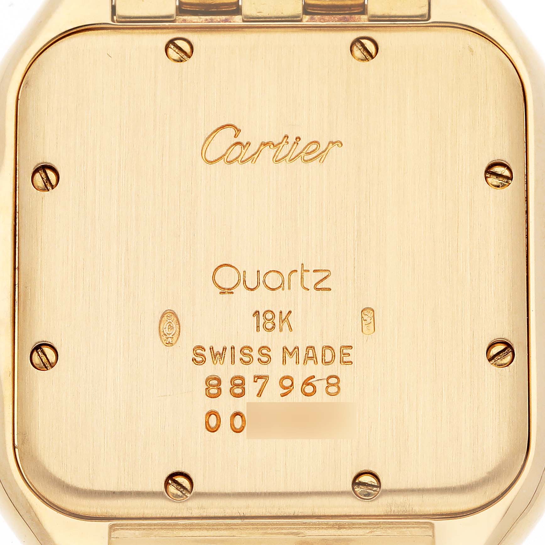 The image shows the back case of a Cartier Panthere W25014B9 Men's Yellow Gold Silver Dial W25014B9 Men's Yellow Gold Silver Dial watch, displaying engravings and screws.