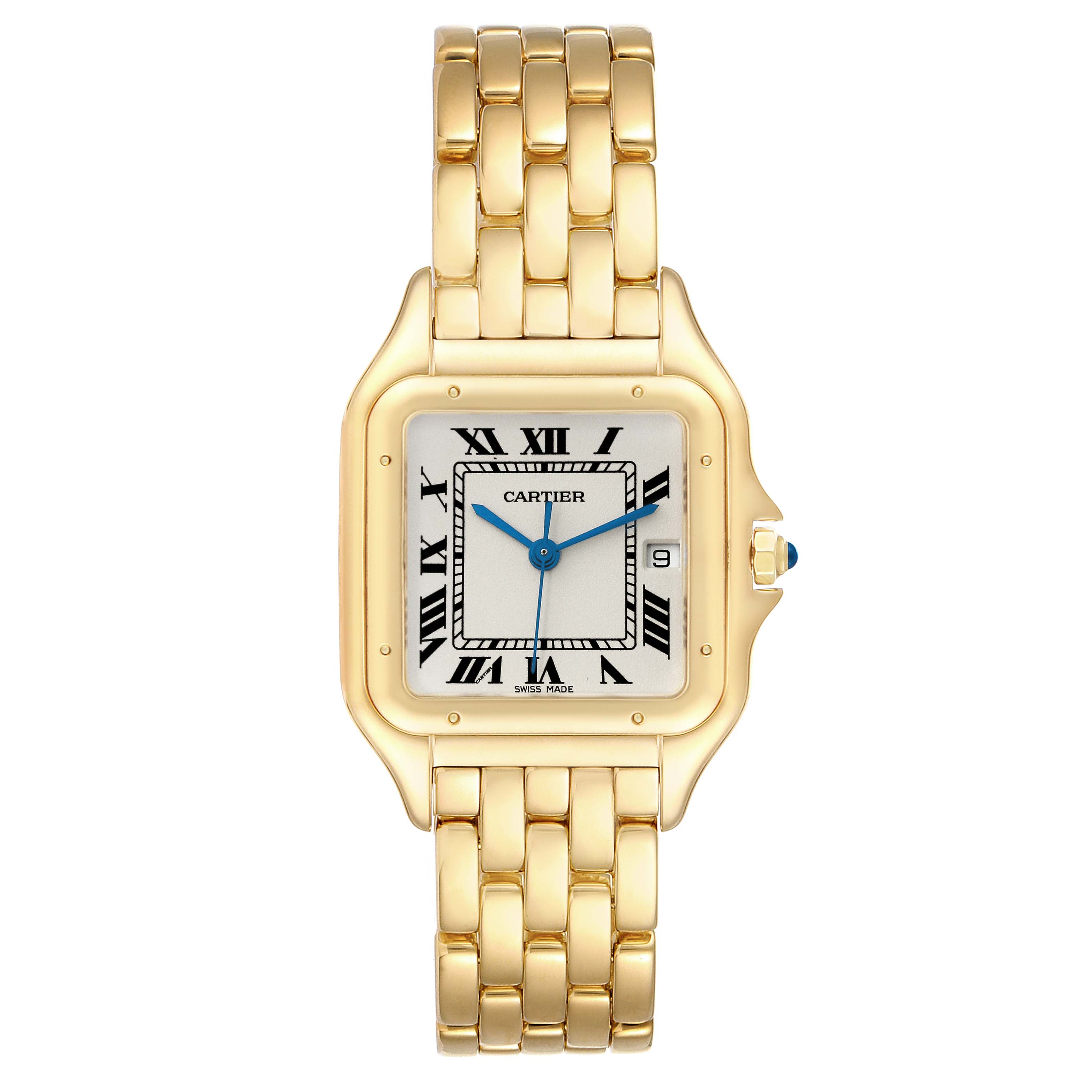 This image shows a frontal view of the Panthere de Cartier watch, highlighting its gold case, bracelet, Roman numeral dial, and blue hands.
