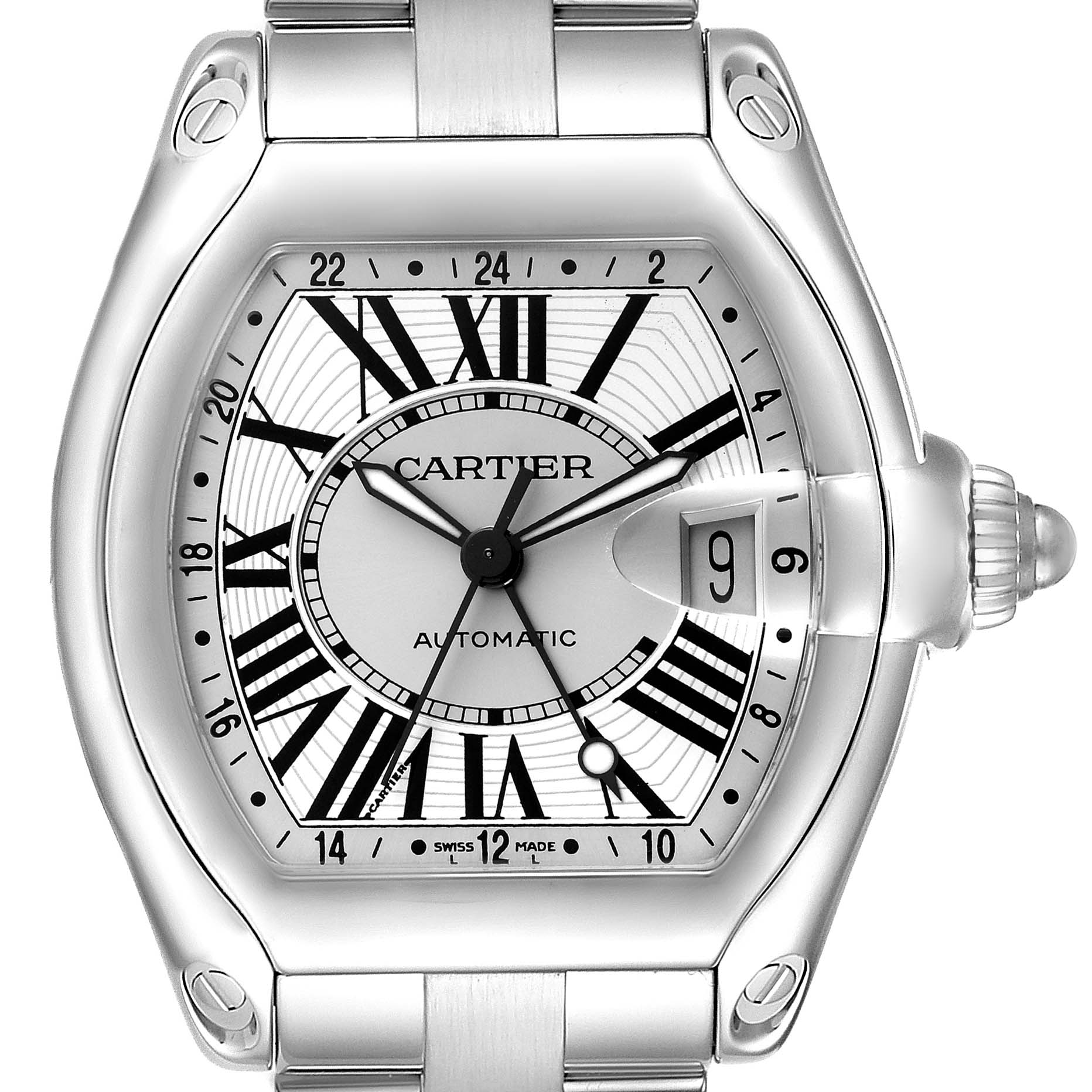 The Cartier Roadster W62032X6 Men
s Stainless Steel Silver Dial watch is shown from a front angle, highlighting the dial, hands, date window, and part of the bracelet.
