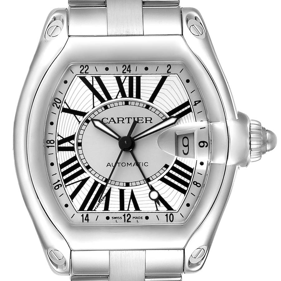 The Cartier Roadster W62032X6 Men's Stainless Steel Silver Dial watch is shown from a front angle, highlighting the dial, hands, date window, and part of the bracelet.