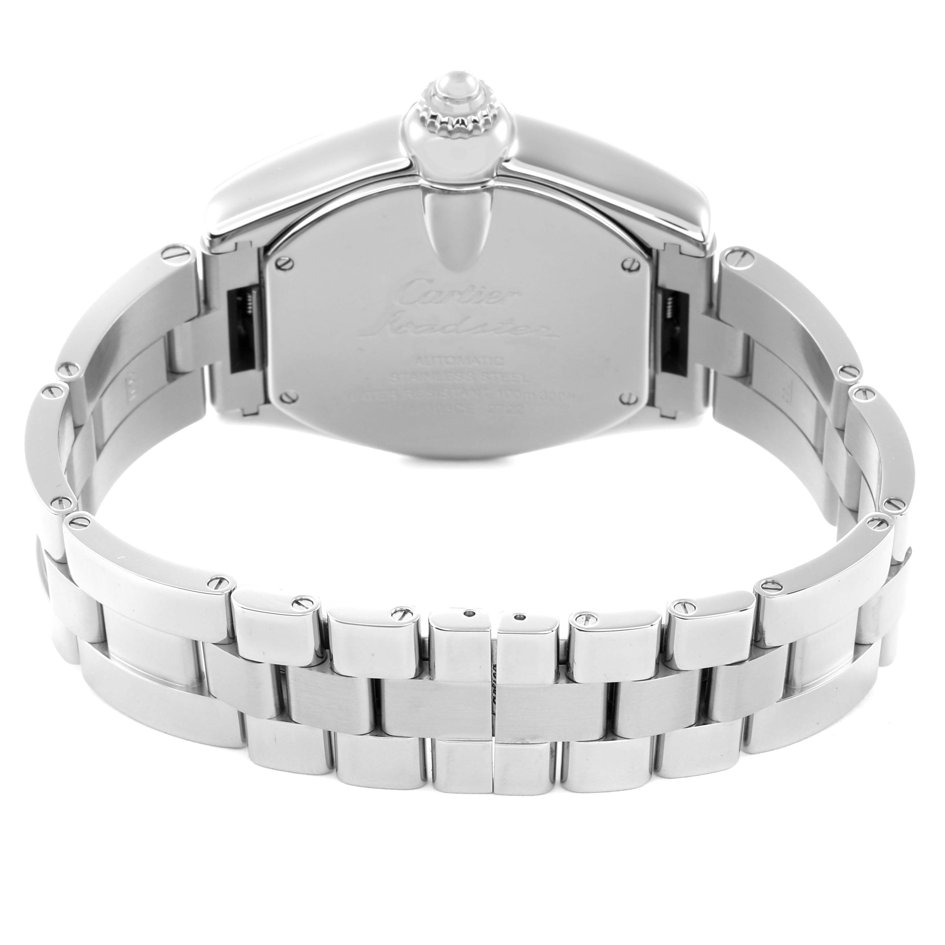 The Cartier Roadster W62032X6 Men
s Stainless Steel Silver Dial watch is shown from the back, displaying its case back and metal bracelet.