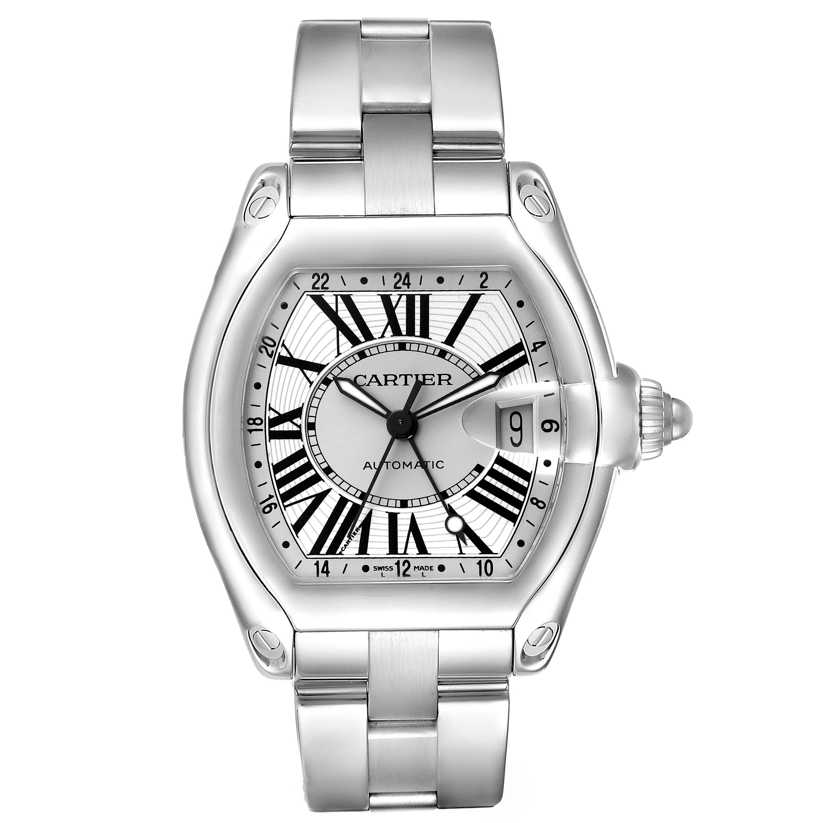 The Cartier Roadster W62032X6 Men
s Stainless Steel Silver Dial watch is shown from the front, displaying the dial, bracelet, and date window.