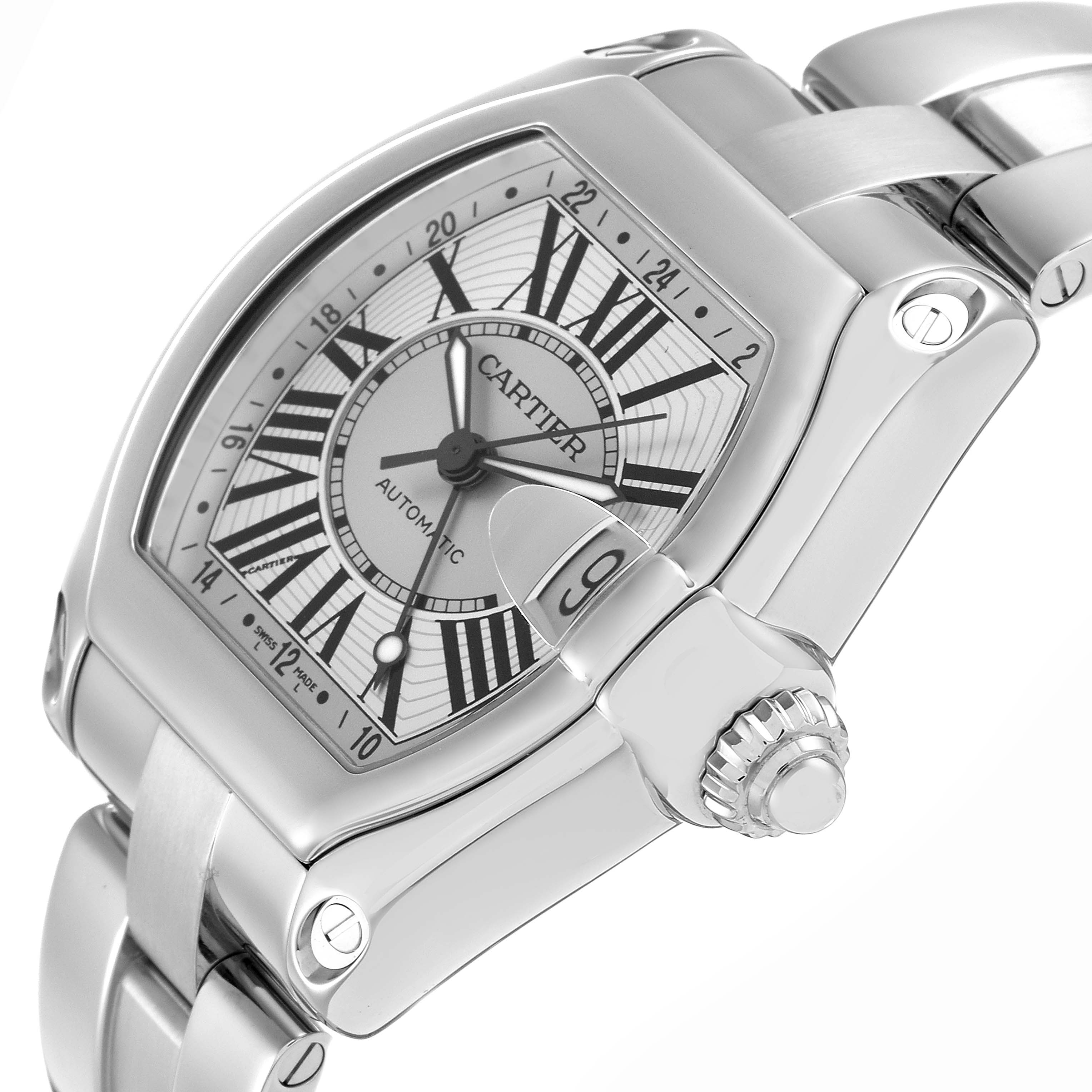 The Cartier Roadster W62032X6 Men
s Stainless Steel Silver Dial watch is shown from a side angle, highlighting the dial, crown, and part of the bracelet.