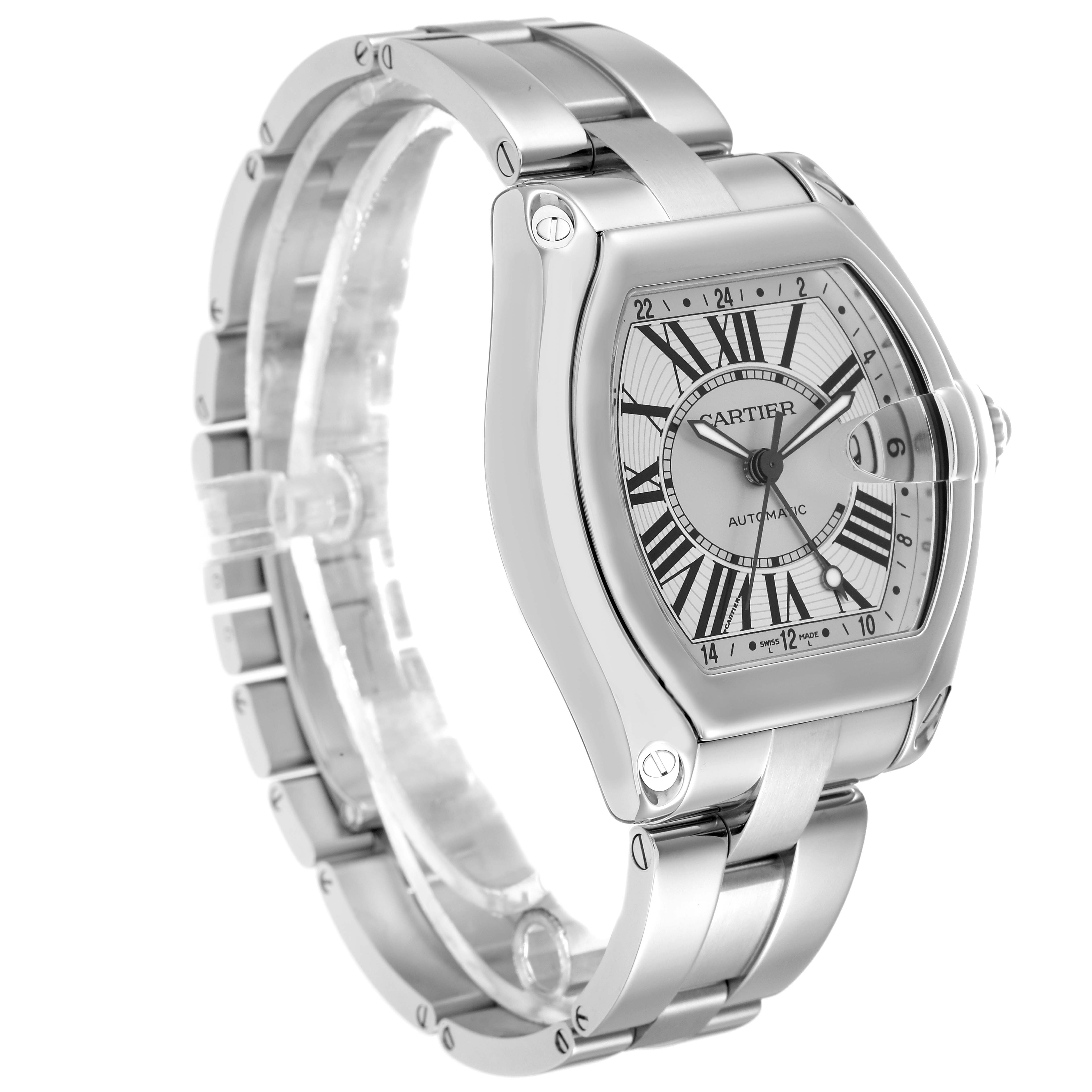 The Cartier Roadster W62032X6 Men
s Stainless Steel Silver Dial watch is shown at a three-quarter angle, displaying the face, case, and bracelet.