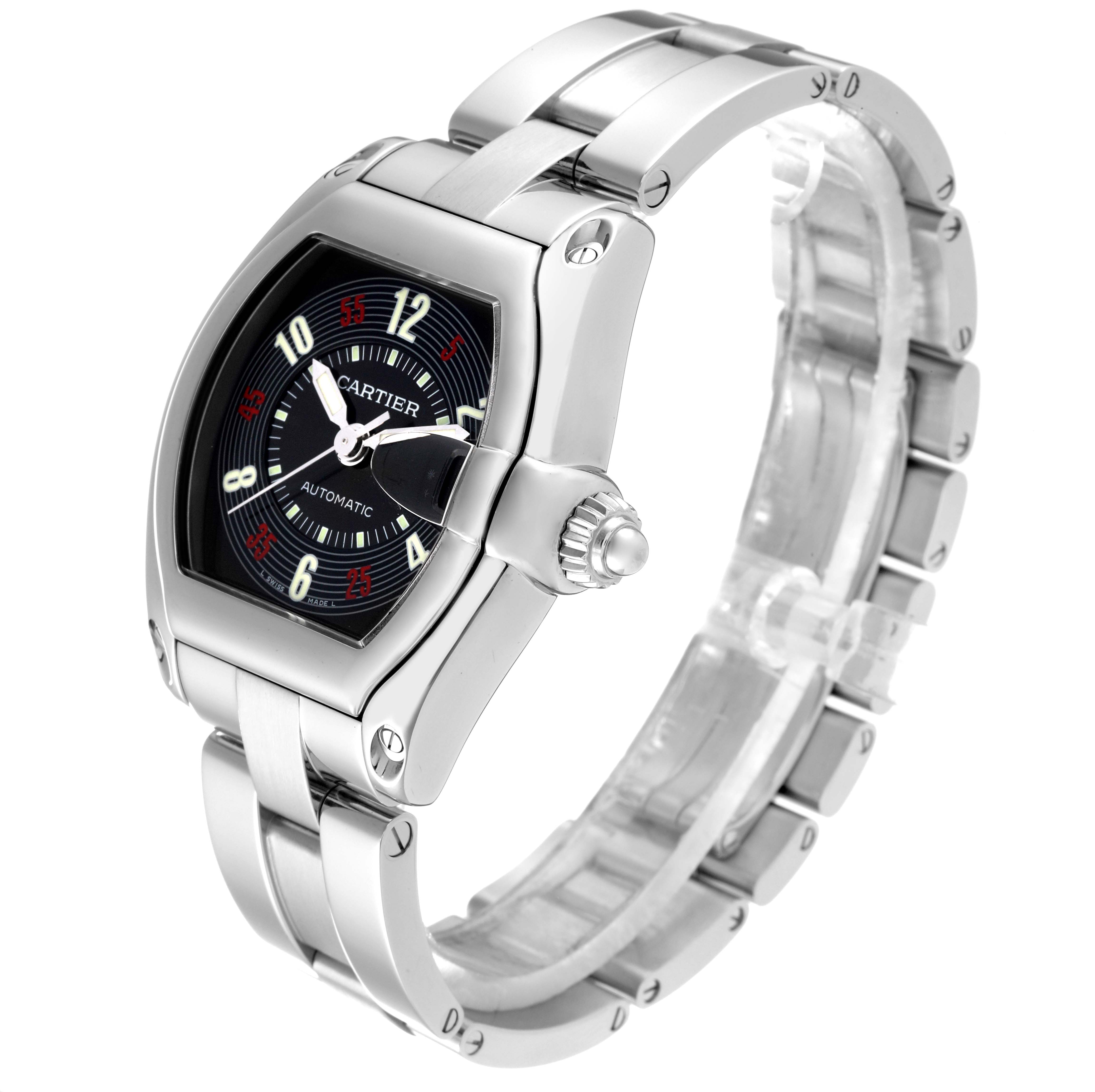 The Cartier Roadster W62002V3 Men's Stainless Steel Black Dial W62002V3 Men's Stainless Steel Black Dial watch is shown at a three-quarter angle, highlighting its case, dial, crown, and bracelet.