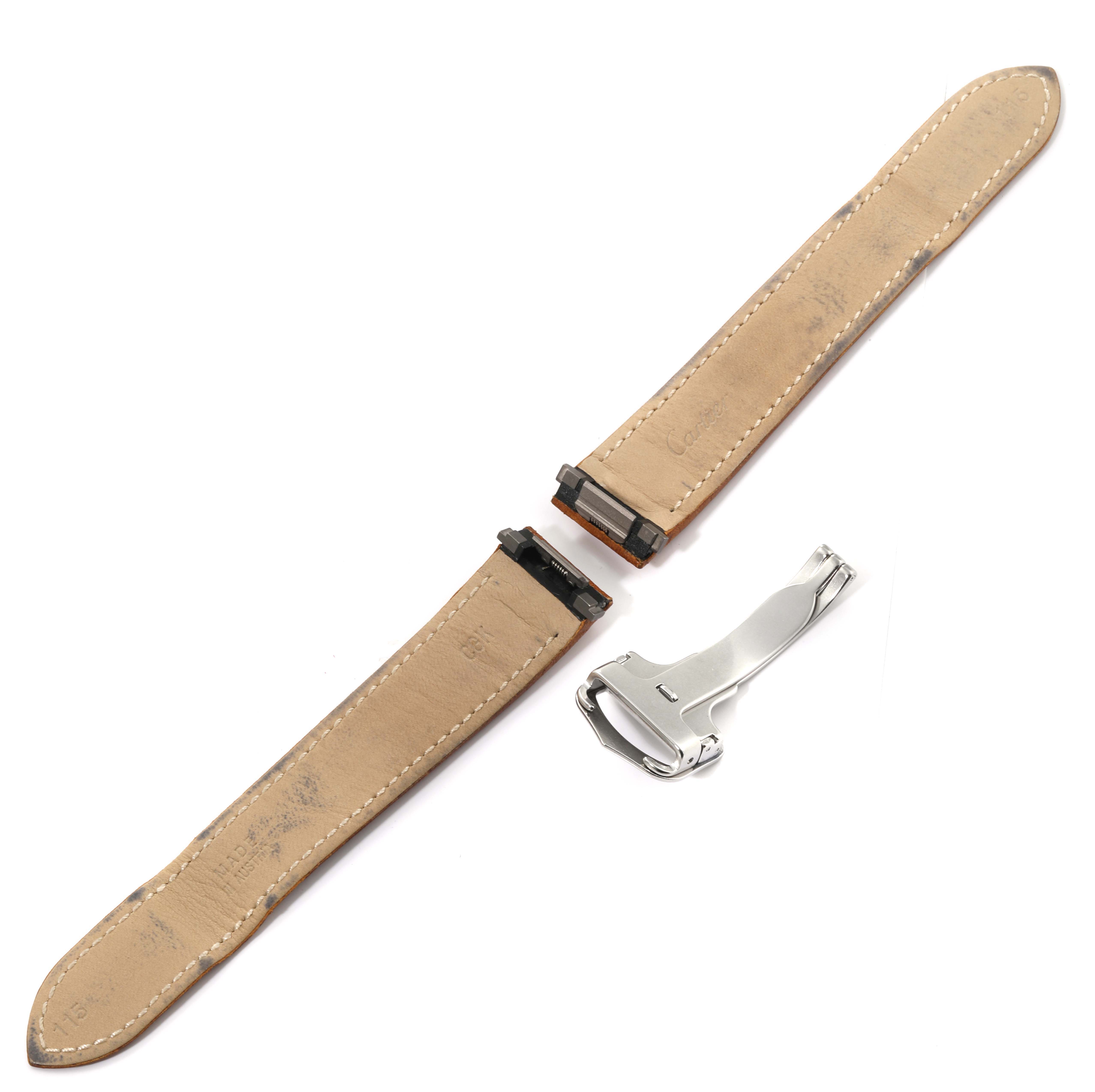 The image shows the leather straps and a metal clasp of a Cartier Roadster W62002V3 Men's Stainless Steel Black Dial W62002V3 Men's Stainless Steel Black Dial watch.