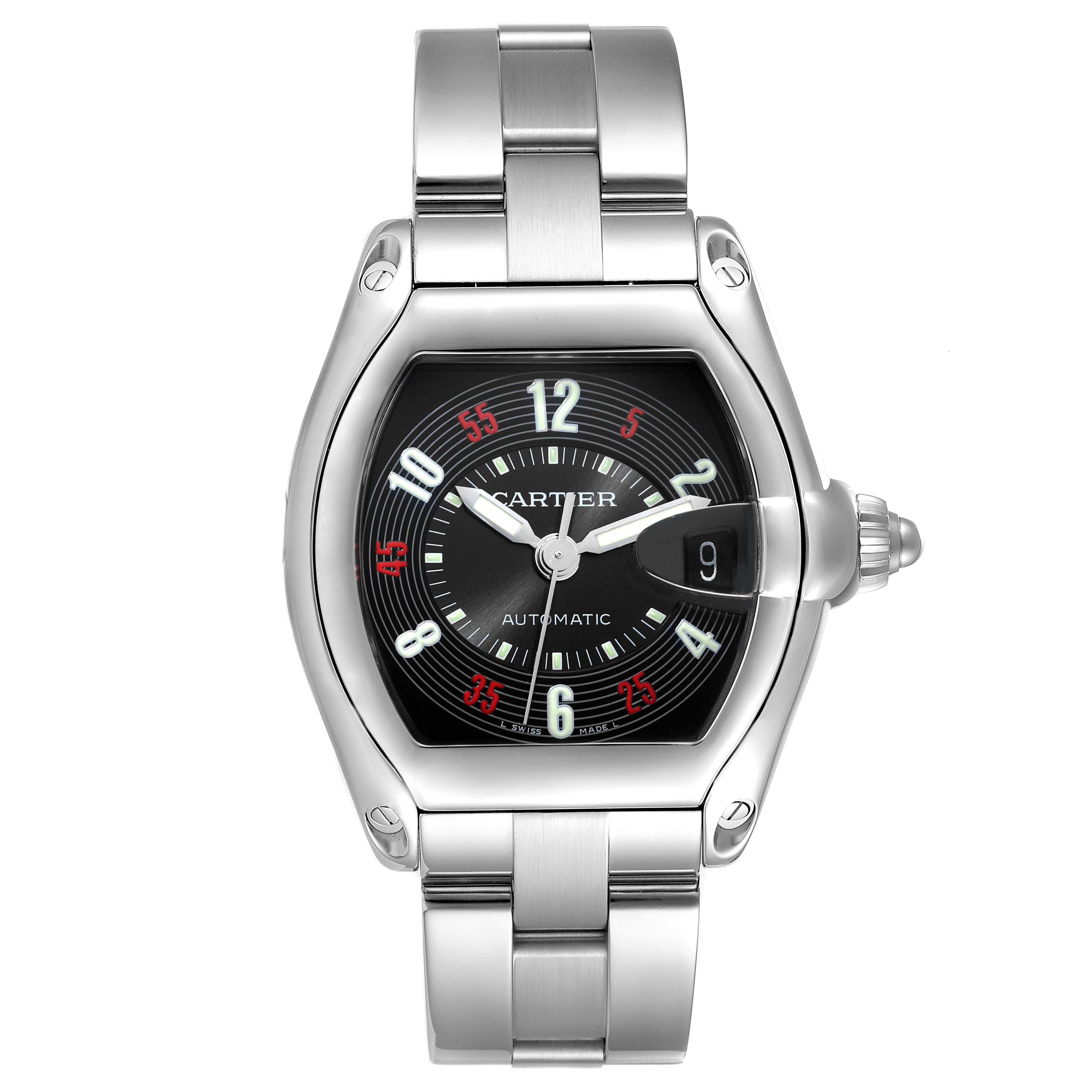 The image shows a Cartier Roadster W62002V3 Men's Stainless Steel Black Dial W62002V3 Men's Stainless Steel Black Dial watch from a front angle, highlighting the dial, case, and bracelet.