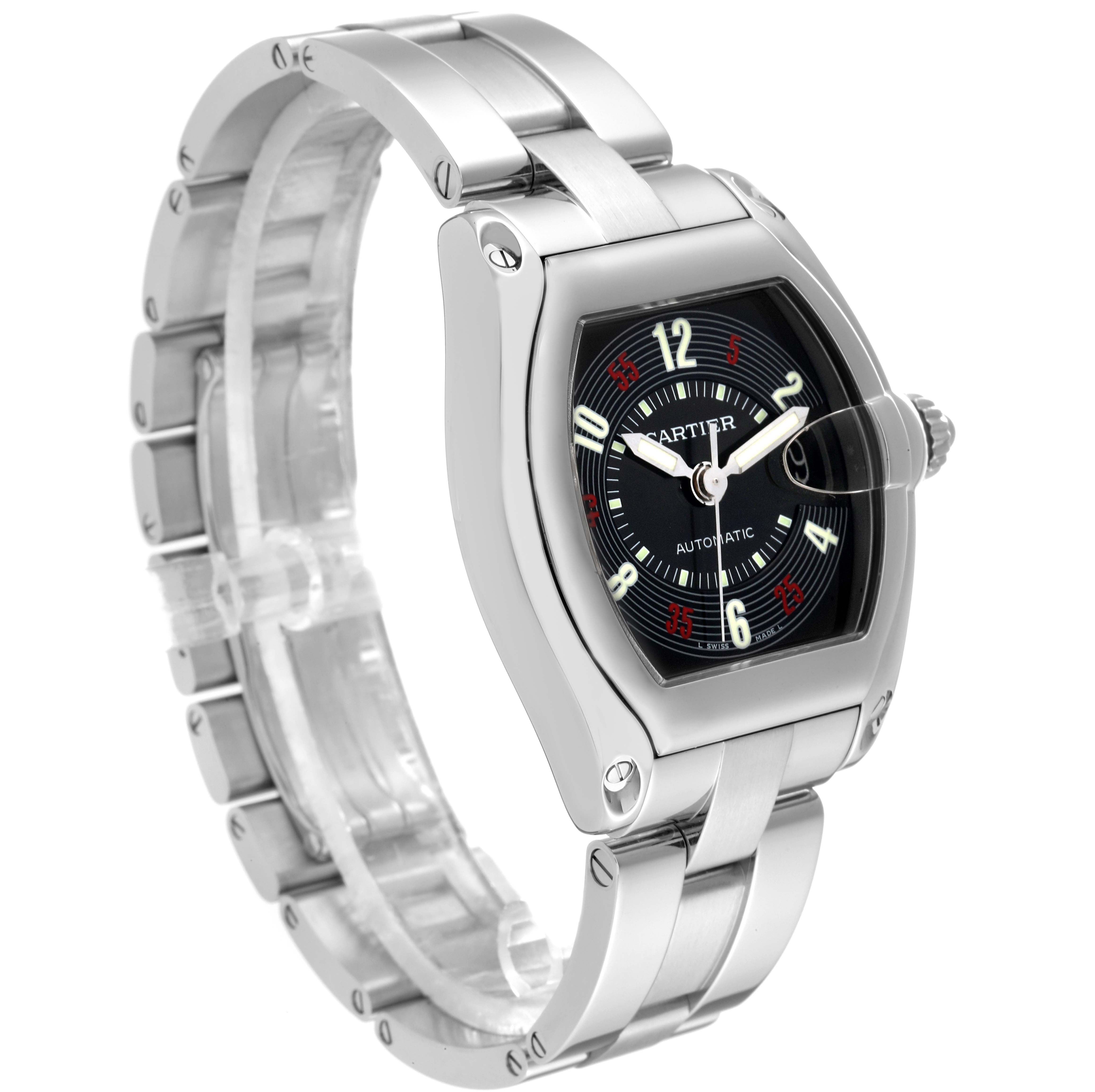 The image shows a Cartier Roadster W62002V3 Men's Stainless Steel Black Dial W62002V3 Men's Stainless Steel Black Dial watch at an angled view displaying the face, bezel, and part of the bracelet.