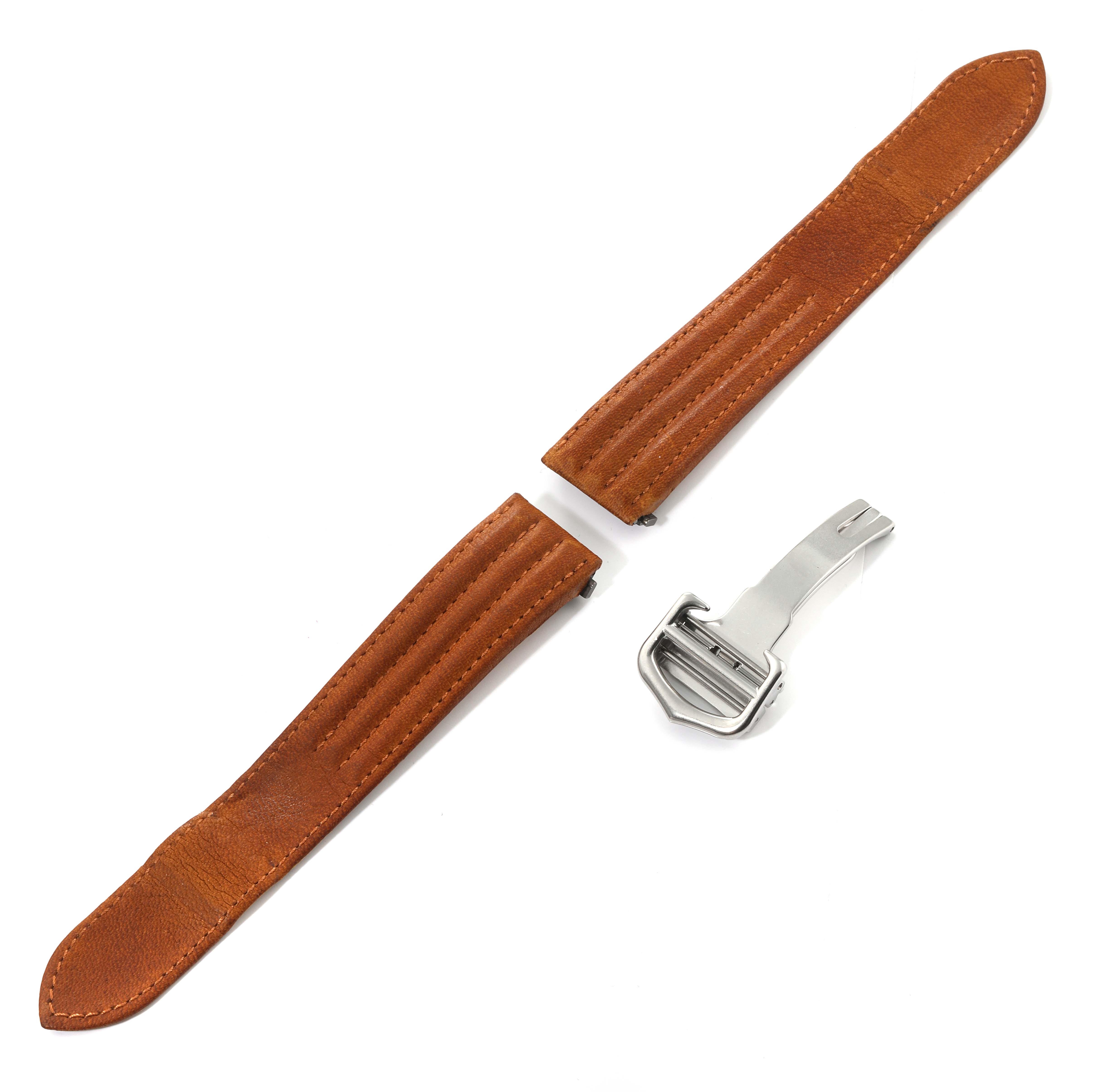 This image shows a leather strap and a metal clasp for the Cartier Roadster W62002V3 Men's Stainless Steel Black Dial W62002V3 Men's Stainless Steel Black Dial watch, shot from a top-down angle.