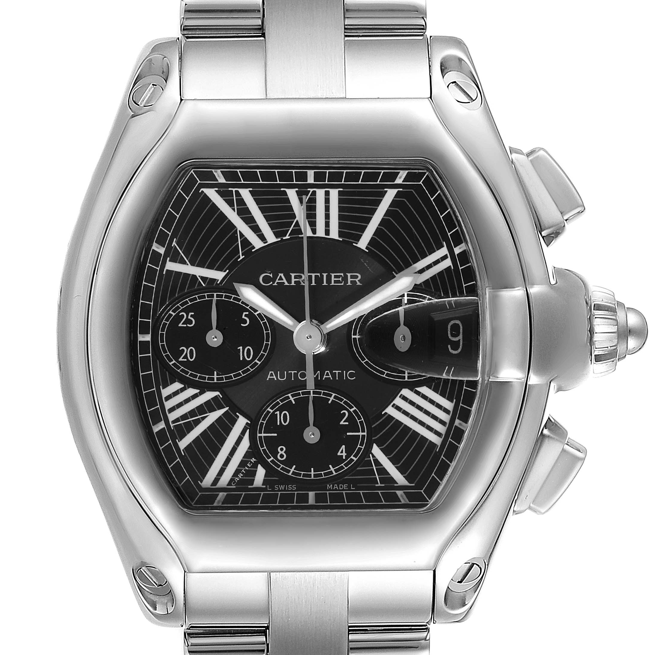 The image shows a front view of a Cartier Roadster W62020X6 Men
s Stainless Steel Black Dial W62020X6 Men
s Stainless Steel Black Dial watch, highlighting the dial, hands, and stainless steel bracelet.