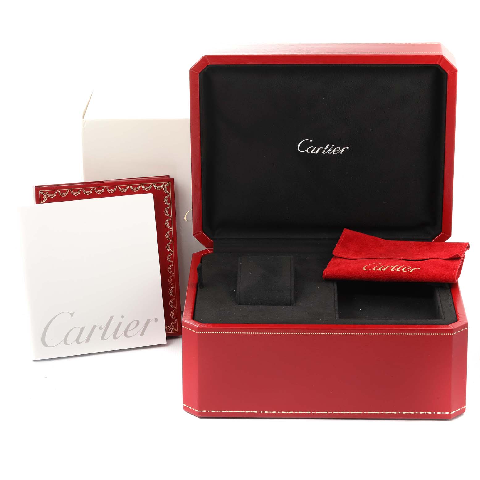 This image shows the packaging and accessories for a Cartier Roadster W62020X6 Men
s Stainless Steel Black Dial W62020X6 Men
s Stainless Steel Black Dial watch, including the box, pouch, and documentation.