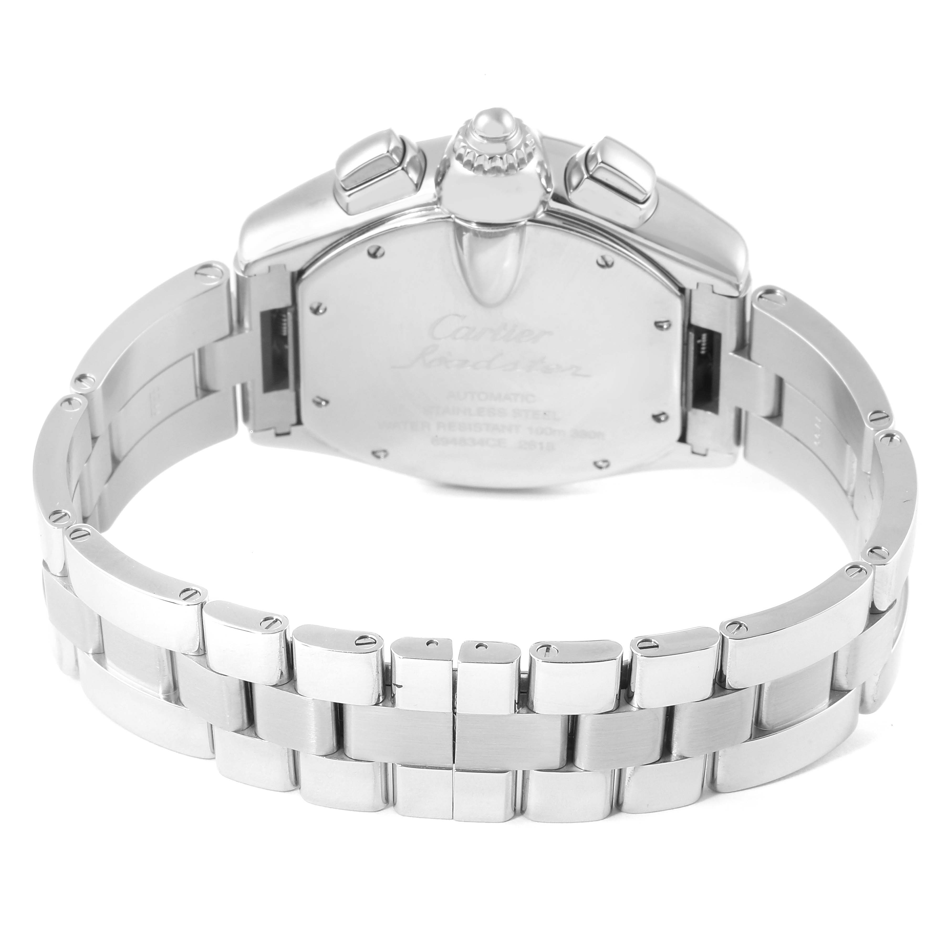 The image shows the back case and bracelet of a Cartier Roadster W62020X6 Men
s Stainless Steel Black Dial W62020X6 Men
s Stainless Steel Black Dial watch from a rear angle.