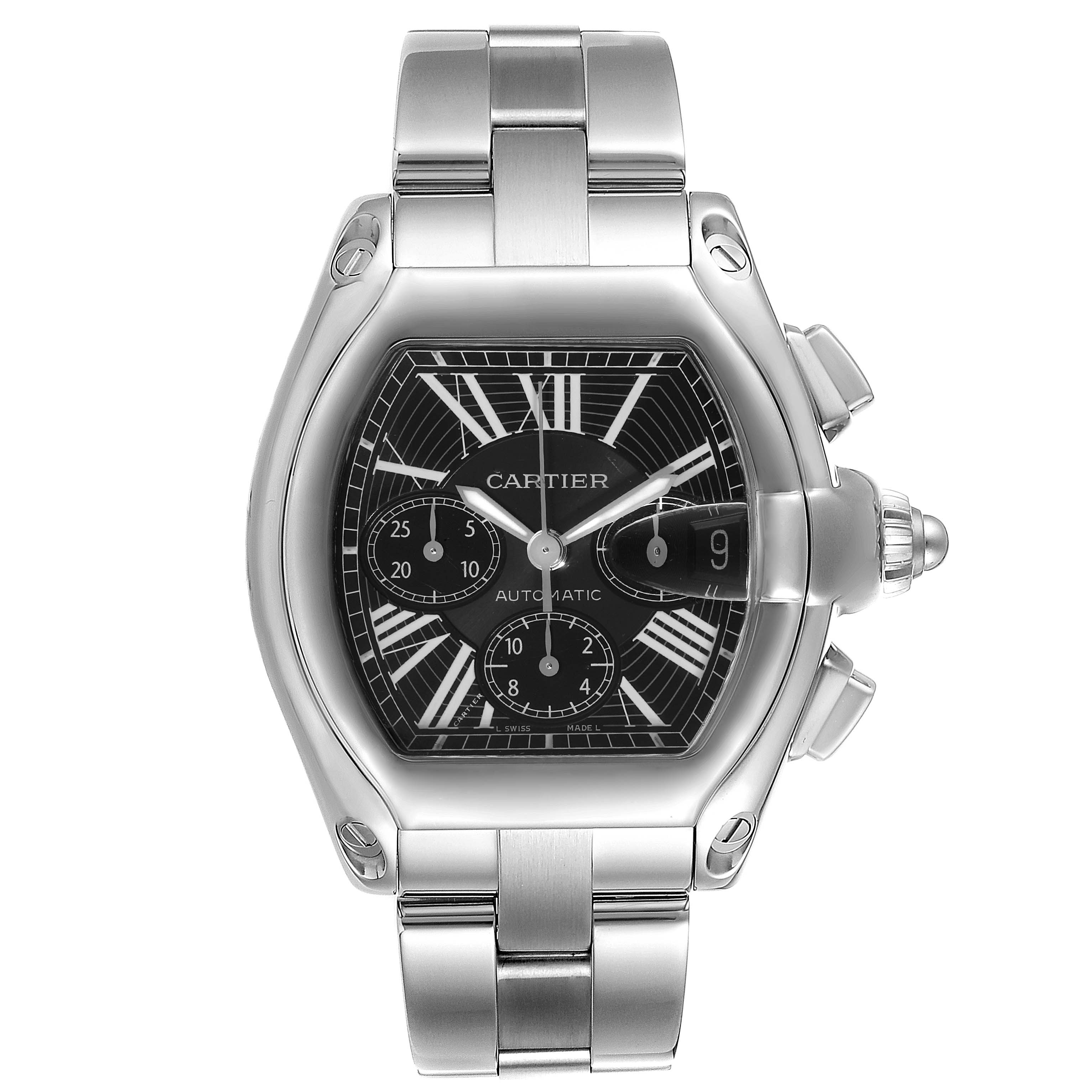 The image shows the front view of the Cartier Roadster W62020X6 Men
s Stainless Steel Black Dial W62020X6 Men
s Stainless Steel Black Dial watch, highlighting its face, dial, bracelet, and crown.