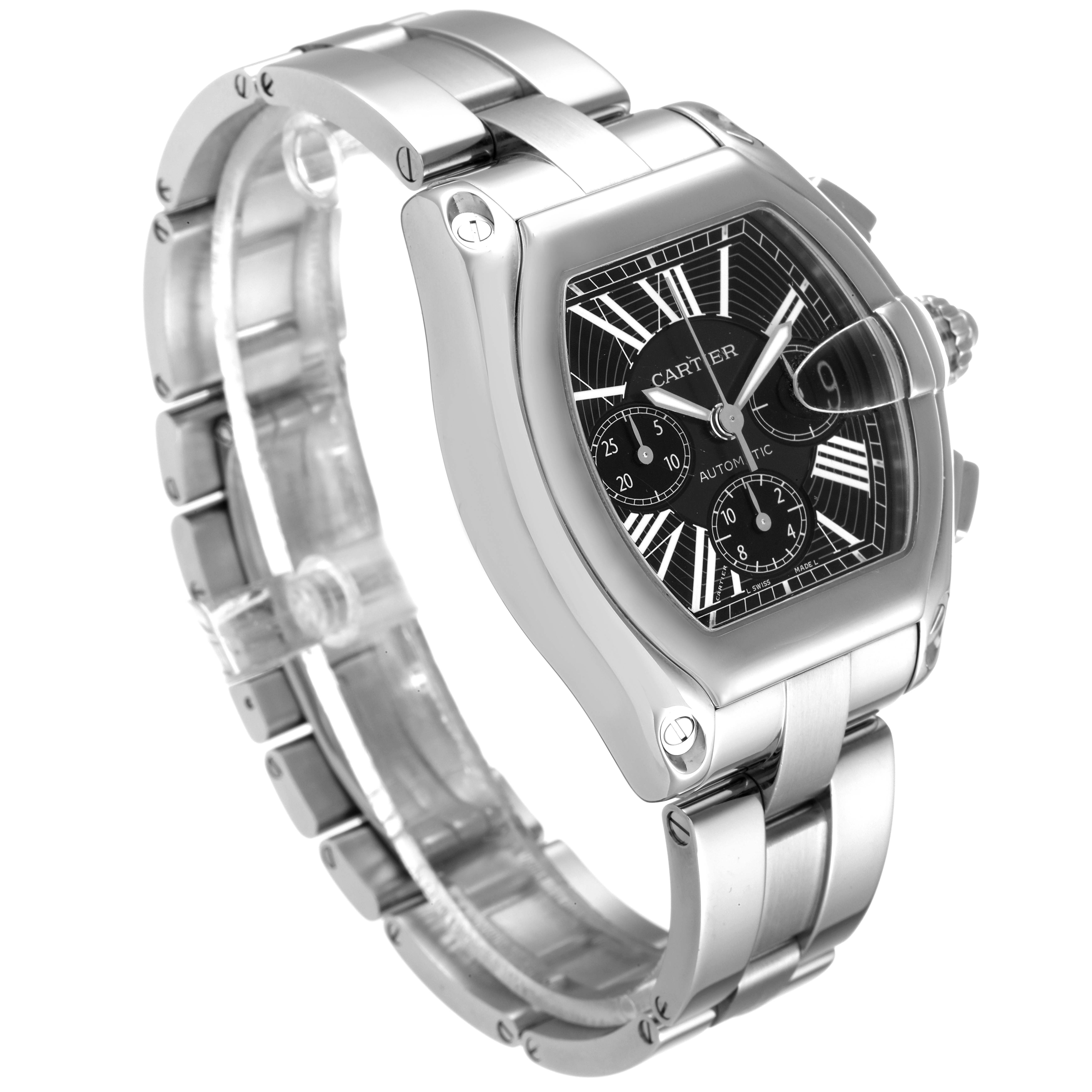 The Cartier Roadster W62020X6 Men
s Stainless Steel Black Dial W62020X6 Men
s Stainless Steel Black Dial watch is shown at a three-quarter angle, displaying the face, case, and metal bracelet.