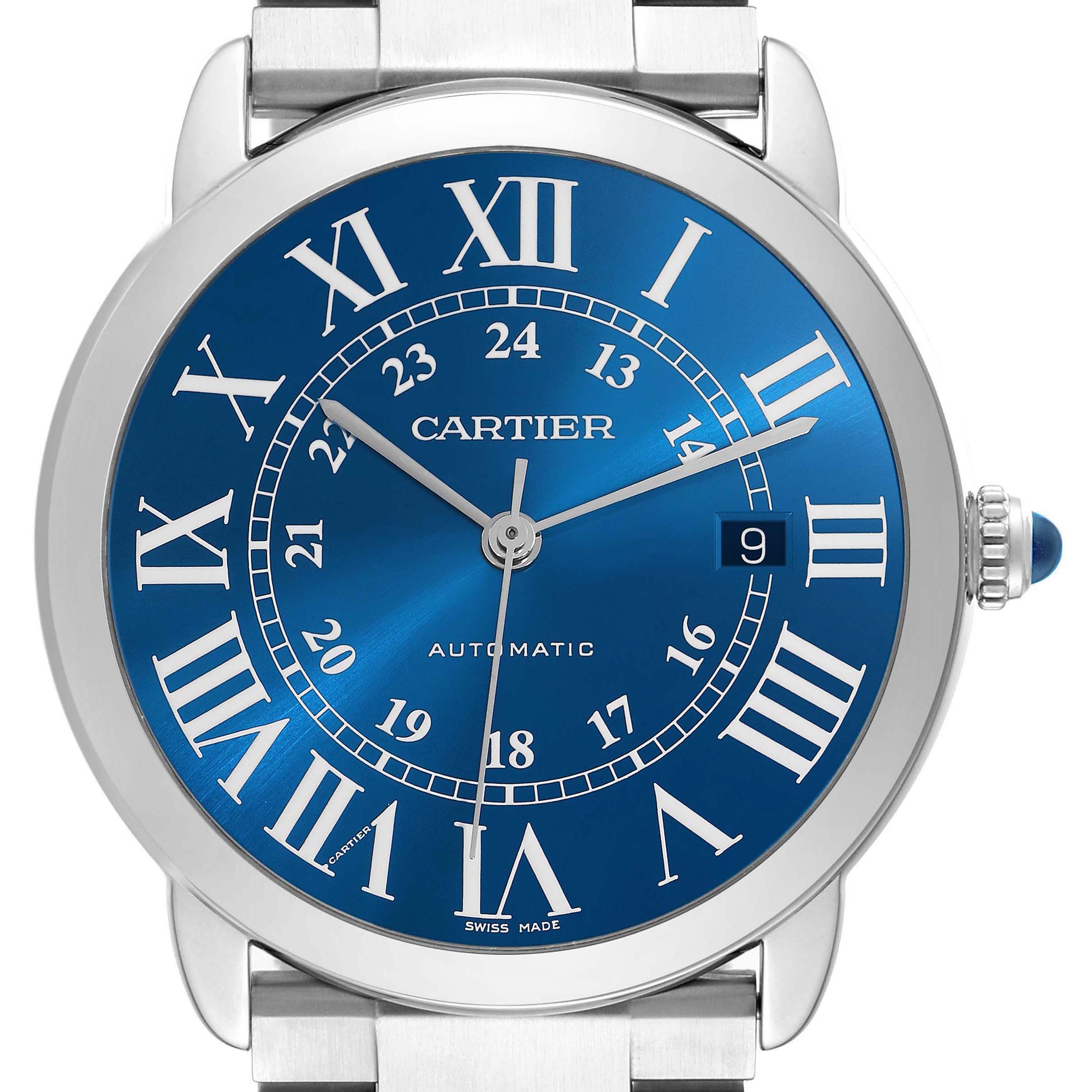 The Cartier Ronde WSRN0023 Men
s Stainless Steel Blue Dial watch is shown from the front, highlighting its blue dial, Roman numerals, and stainless steel case.
