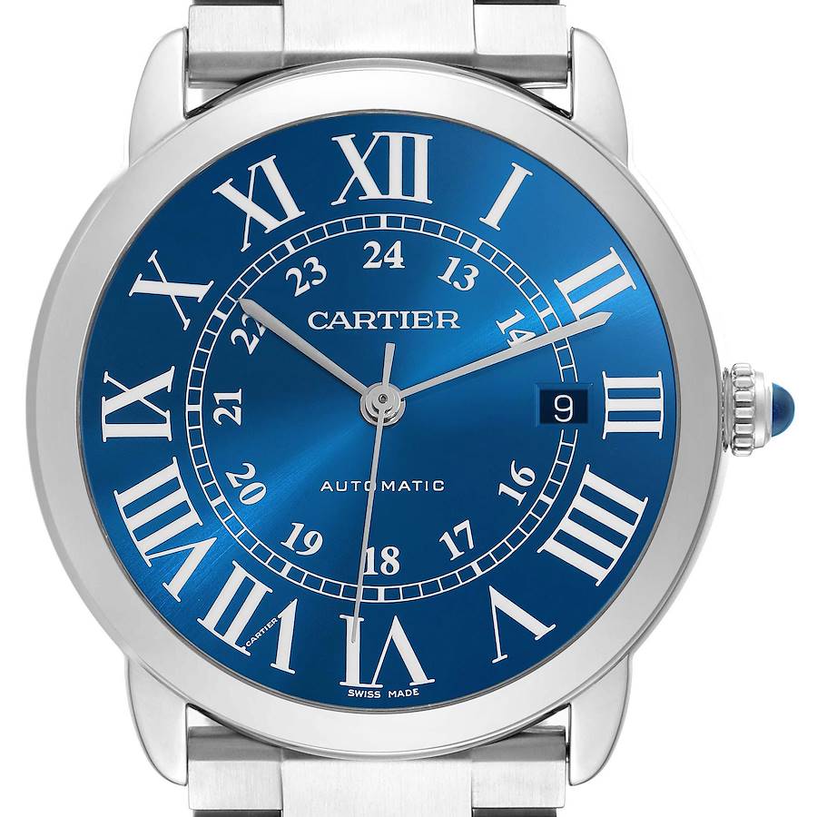 The Cartier Ronde WSRN0023 Men's Stainless Steel Blue Dial watch is shown from the front, highlighting its blue dial, Roman numerals, and stainless steel case.