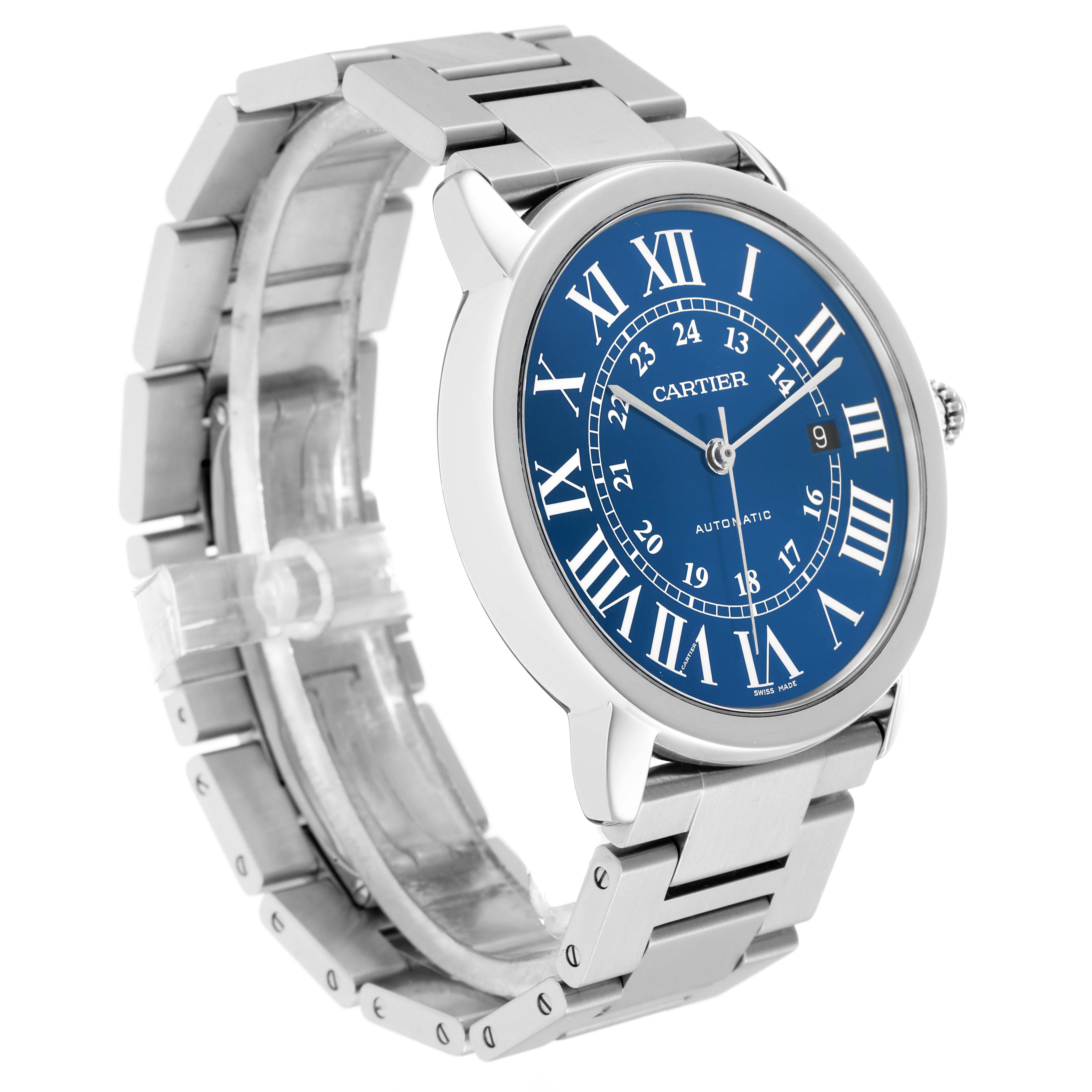 The Cartier Ronde WSRN0023 Men
s Stainless Steel Blue Dial watch is shown at a three-quarter angle, highlighting the blue dial, Roman numerals, crown, and metal bracelet.