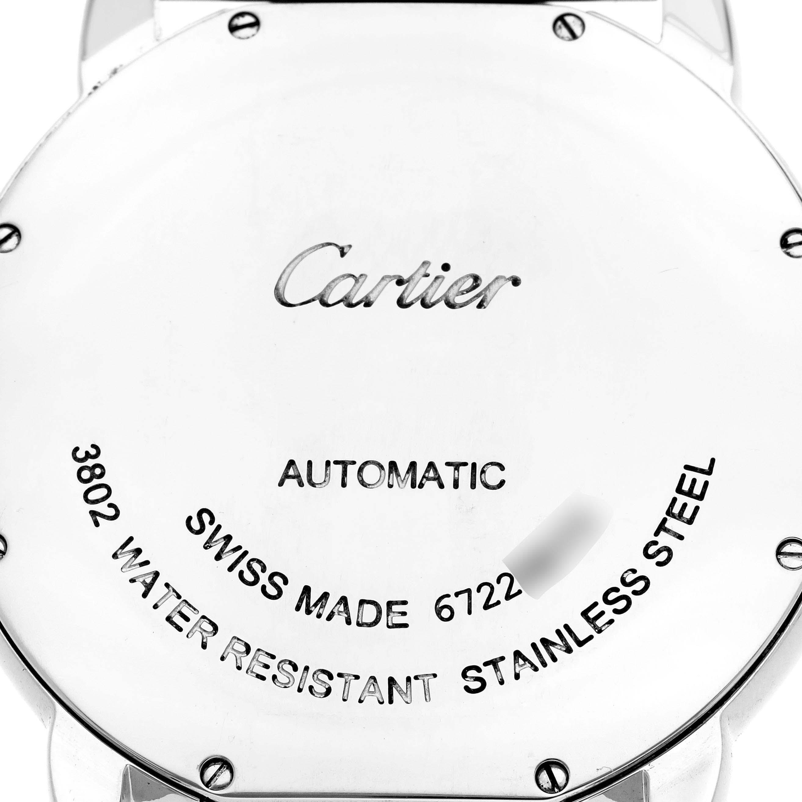 The image shows the back case of a Ronde model watch by Cartier, displaying inscriptions about its features.