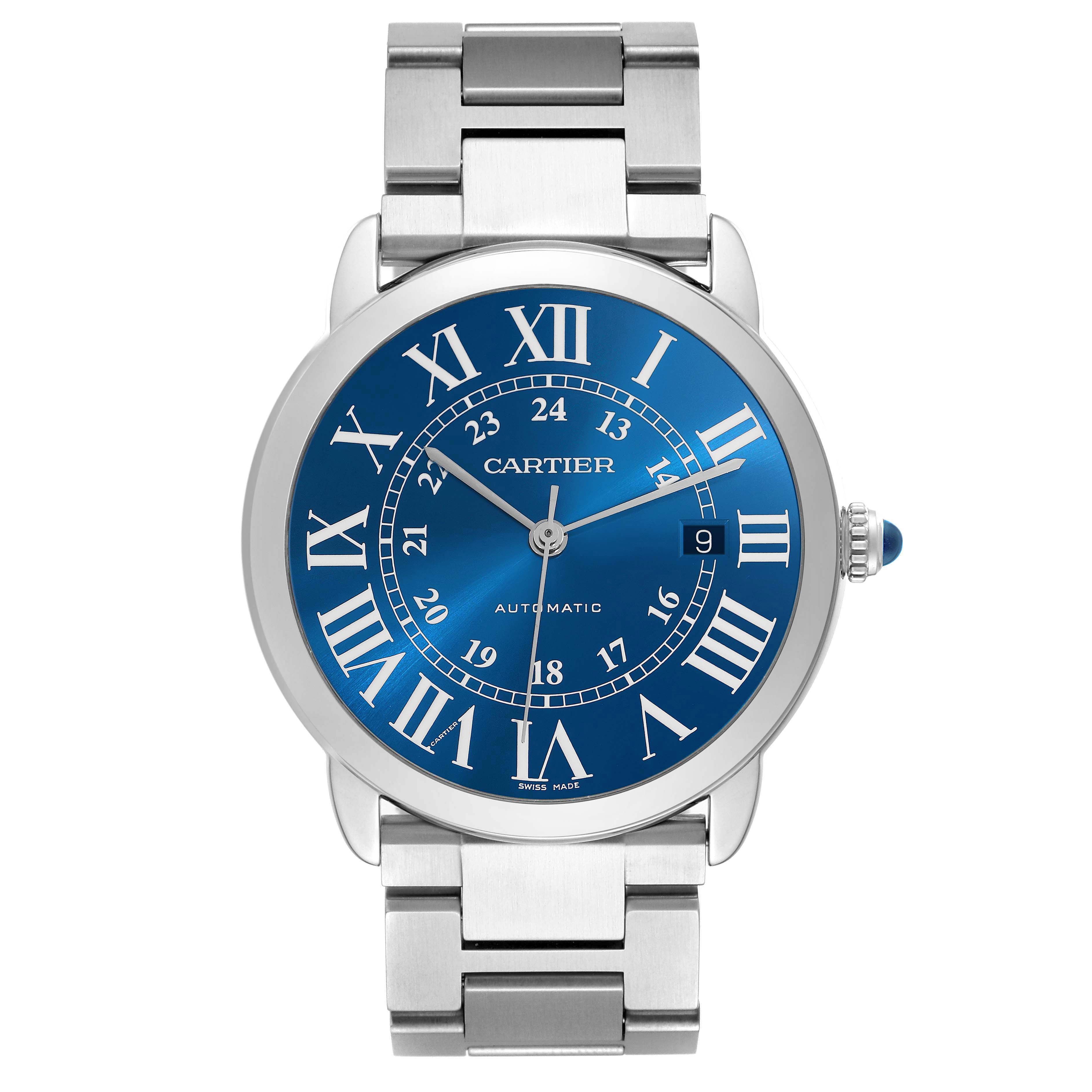 The Cartier Ronde WSRN0023 Men
s Stainless Steel Blue Dial watch is shown from a front angle, displaying the dial, hands, and metal bracelet.