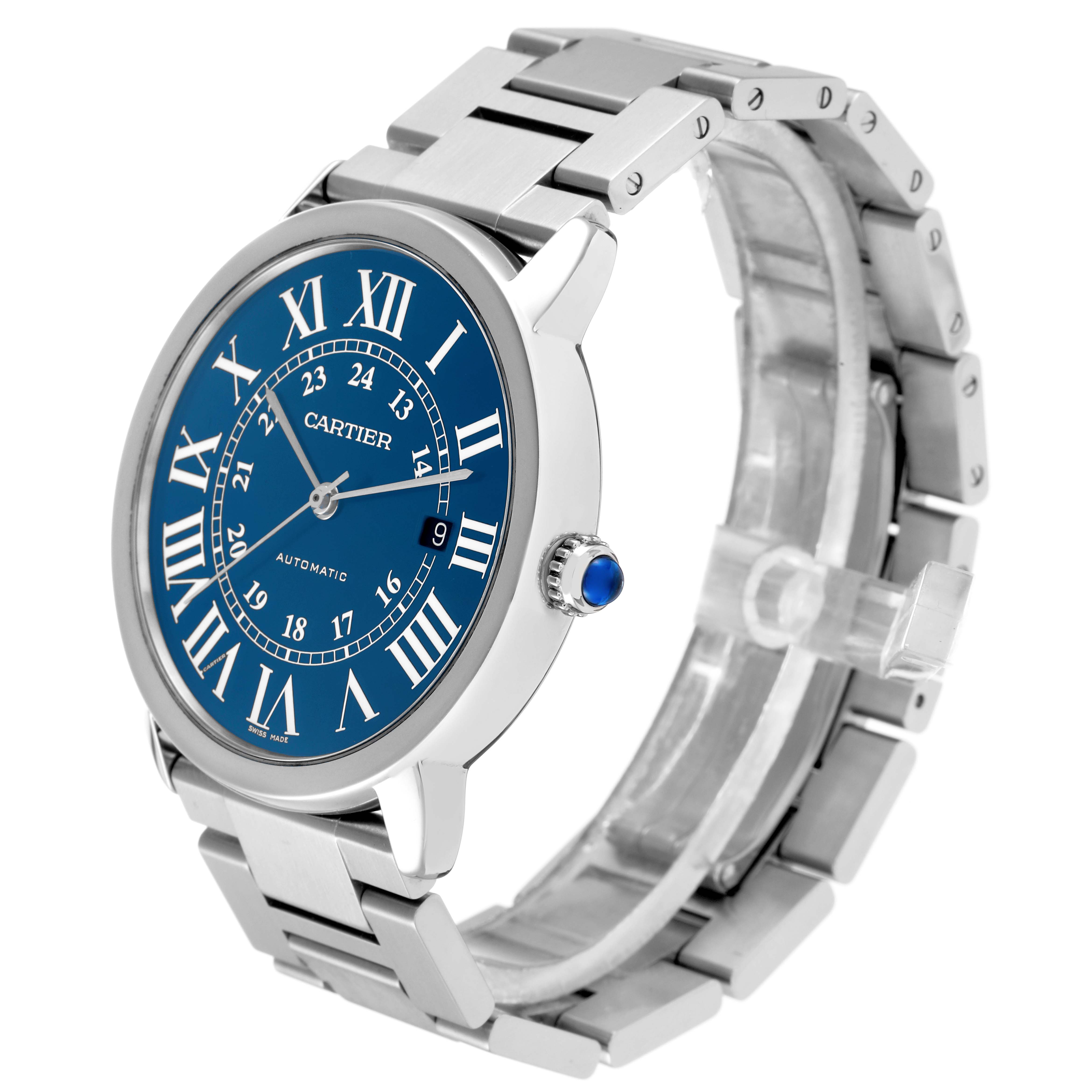 The Cartier Ronde WSRN0023 Men
s Stainless Steel Blue Dial watch is shown at a 3/4 angle, displaying the face, bezel, crown with blue cabochon, and metal bracelet.