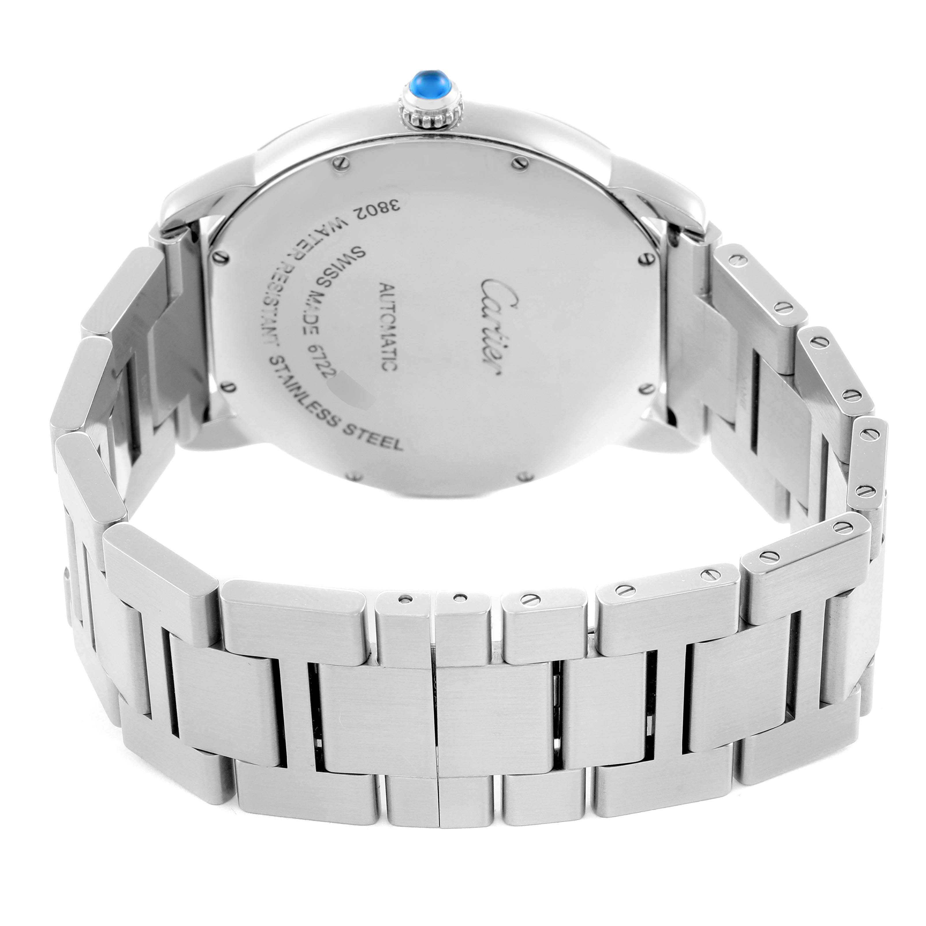 The Cartier Ronde WSRN0023 Men
s Stainless Steel Blue Dial watch is shown from the back, featuring its case back, bracelet, and crown with a blue cabochon.