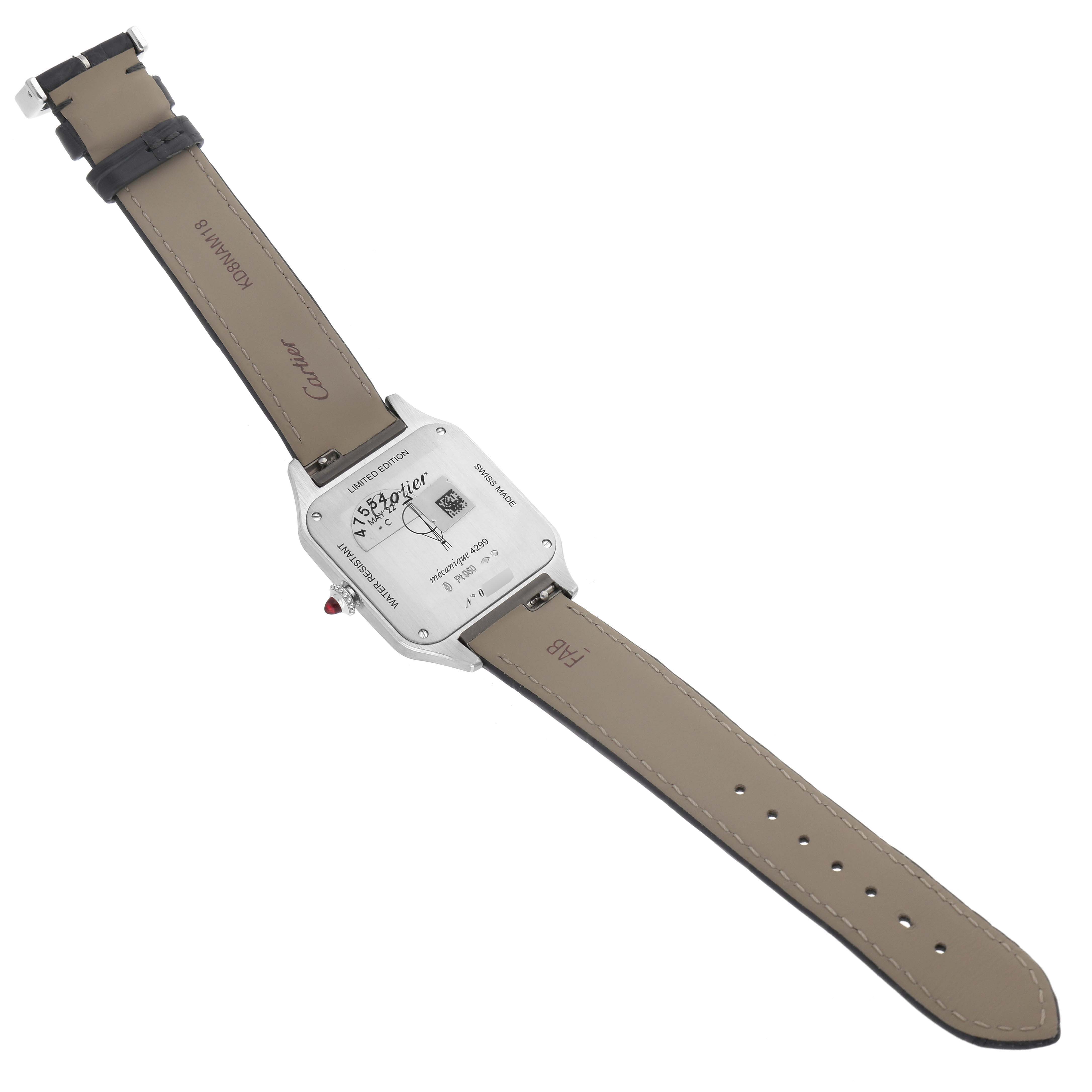 This image shows the back view of a Cartier Santos Dumont WGSA0034 Men
s Platinum Silver Dial WGSA0034 Men
s Platinum Silver Dial watch, displaying the case back and leather straps.