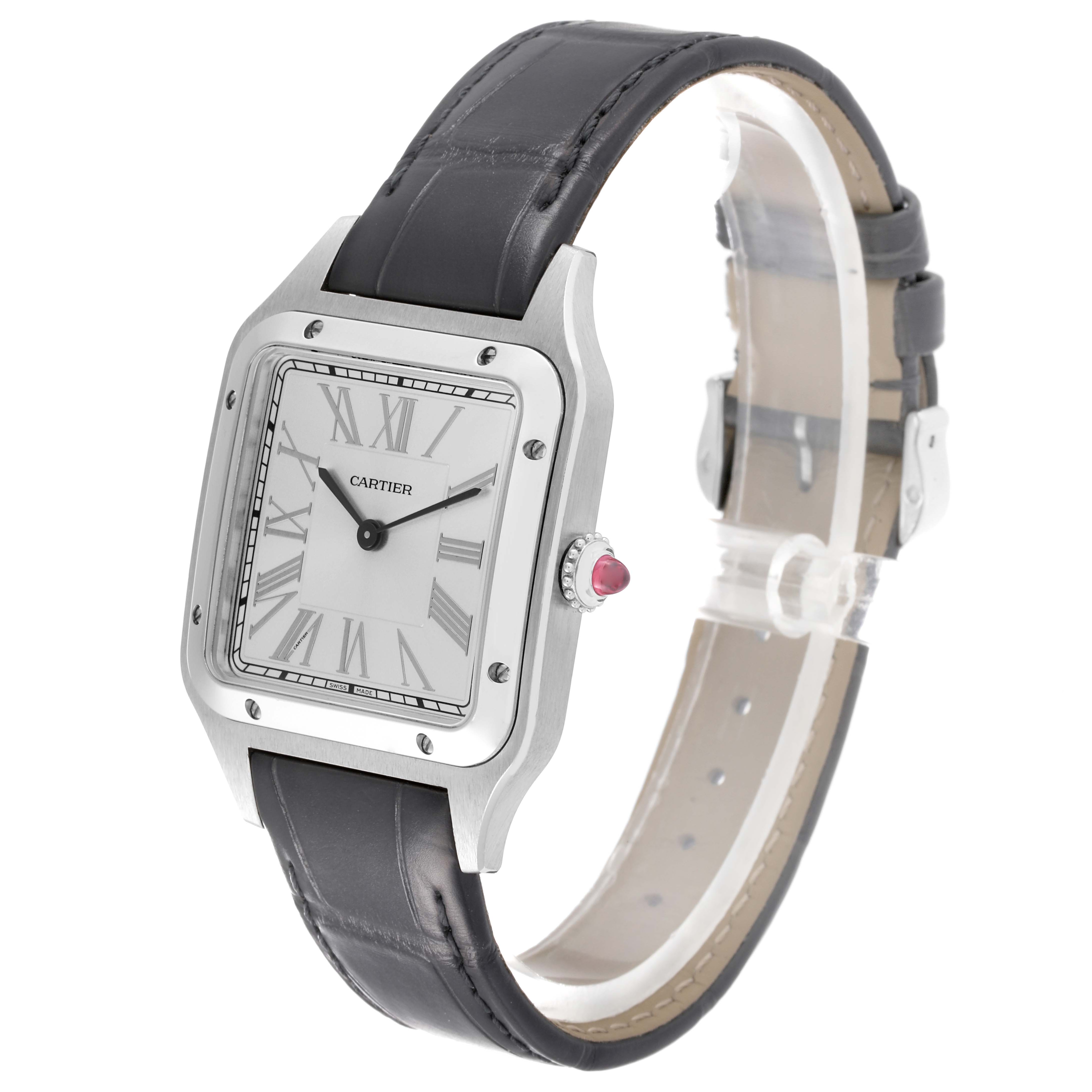 Side angle of a Cartier Santos Dumont WGSA0034 Men
s Platinum Silver Dial WGSA0034 Men
s Platinum Silver Dial watch showing the case, dial, and black leather strap.