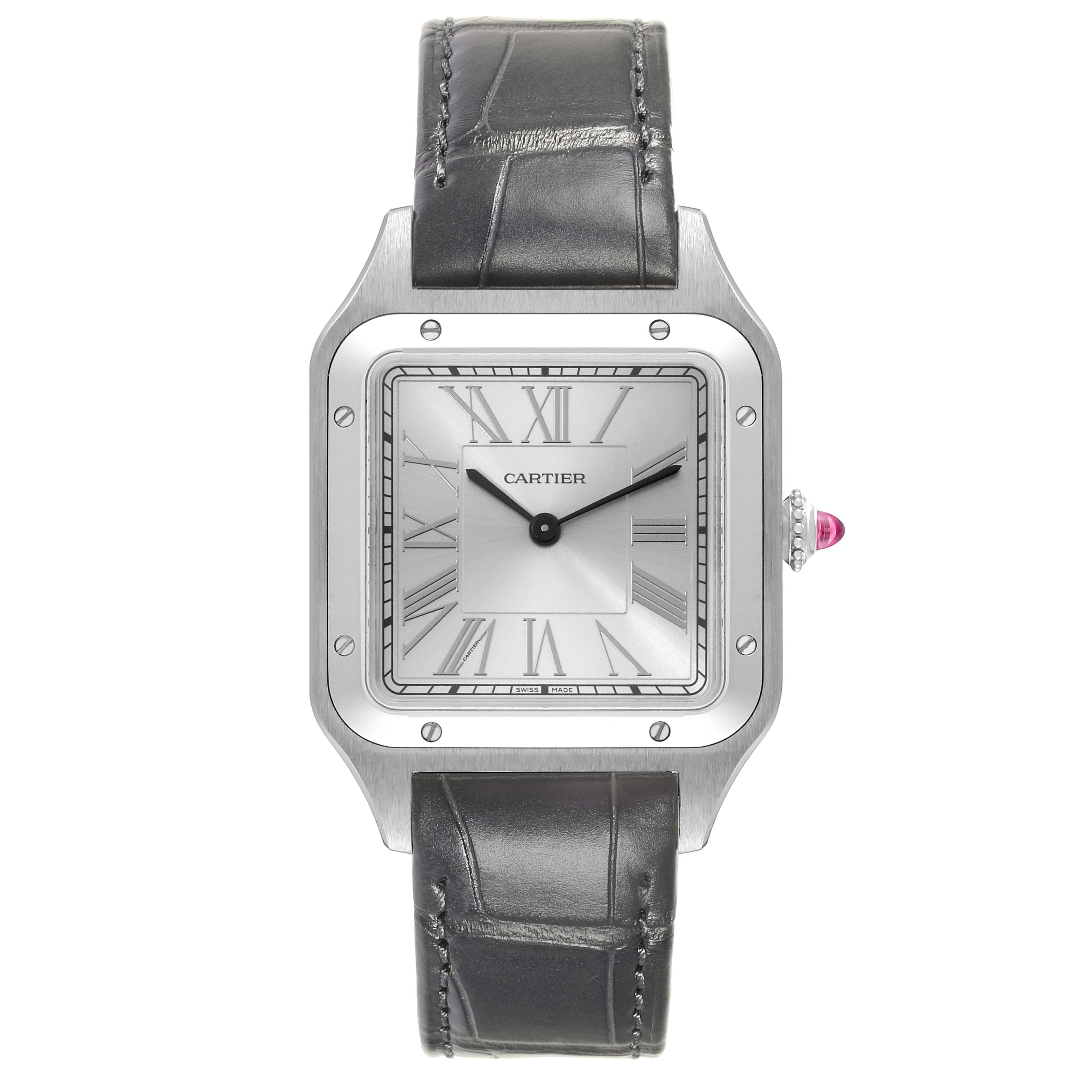 The Cartier Santos Dumont WGSA0034 Men
s Platinum Silver Dial WGSA0034 Men
s Platinum Silver Dial watch is shown from the front, displaying the dial, hands, case, and strap.