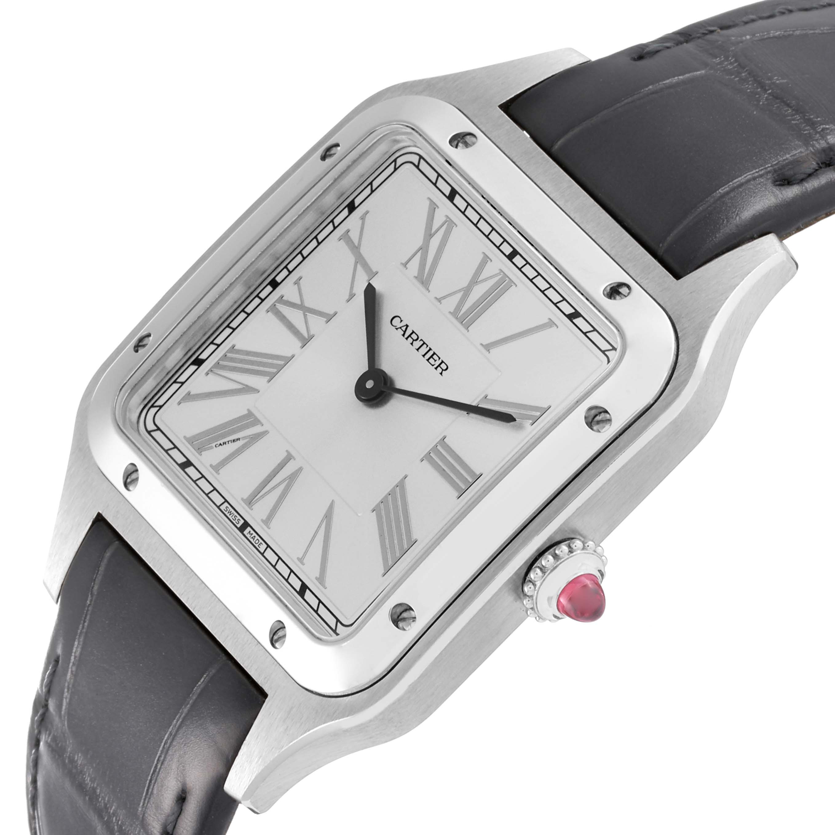 The image shows a close-up, angled view of a Cartier Santos Dumont WGSA0034 Men
s Platinum Silver Dial WGSA0034 Men
s Platinum Silver Dial watch face, bezel, and part of the leather strap.