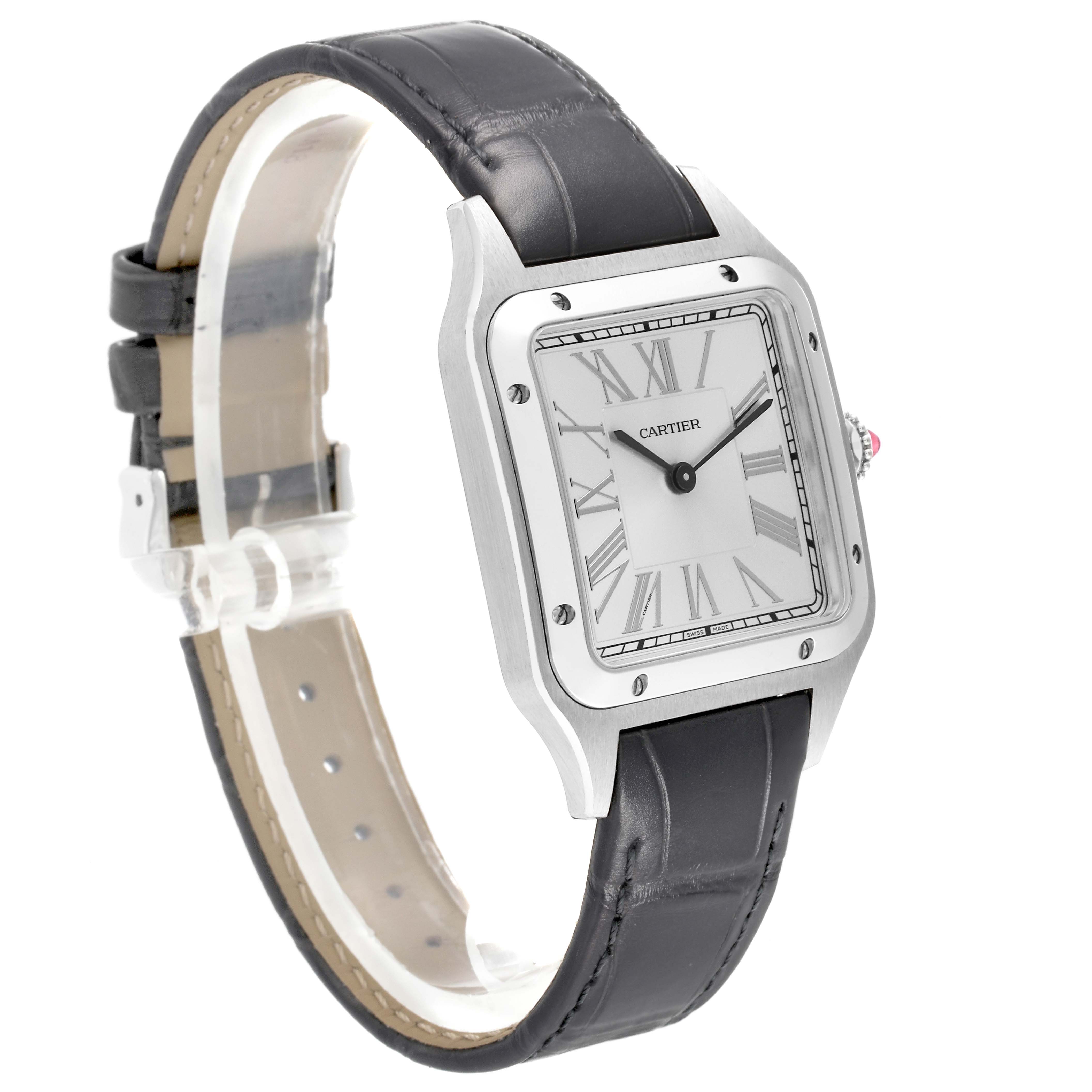 The image shows a Cartier Santos Dumont WGSA0034 Men
s Platinum Silver Dial WGSA0034 Men
s Platinum Silver Dial watch from a three-quarter angle highlighting the face, bezel, and strap.