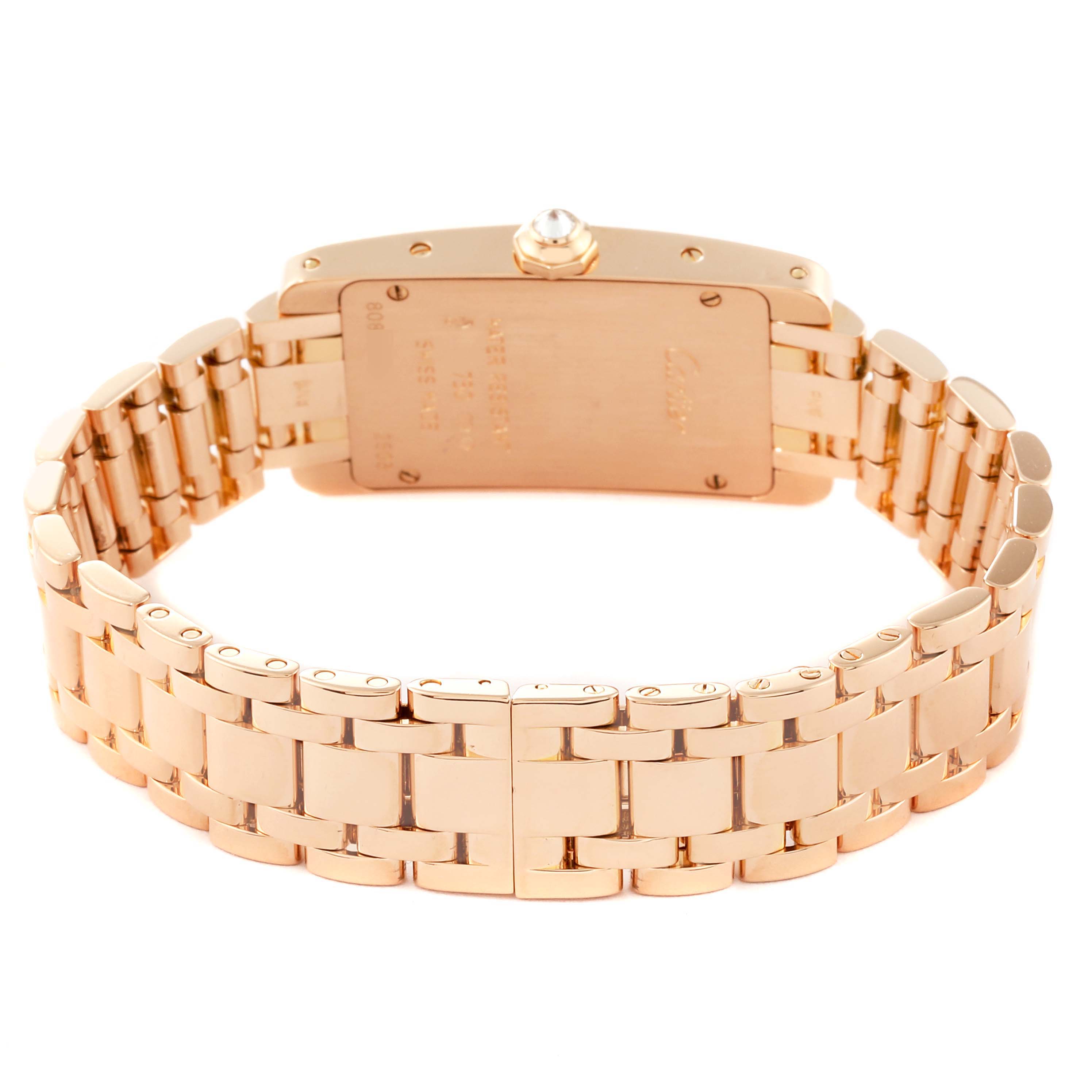 This image shows the back view and bracelet of a Cartier Tank Americaine WB7079M5 Women's Rose Gold Silver Dial WB7079M5 Women's Rose Gold Silver Dial watch in rose gold.