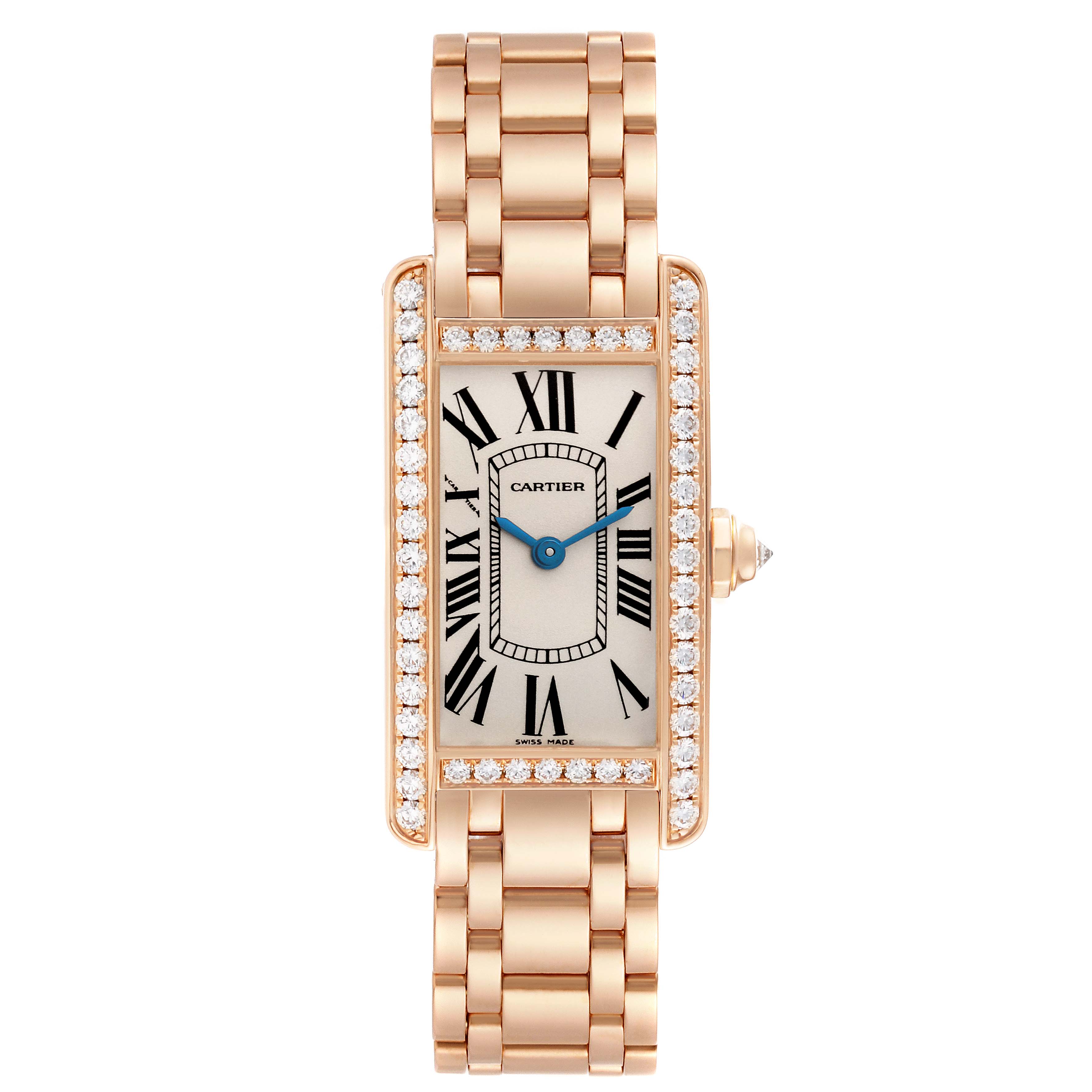 The image shows a Cartier Tank Américaine watch from a top-down angle, showcasing its rectangular face and linked bracelet.