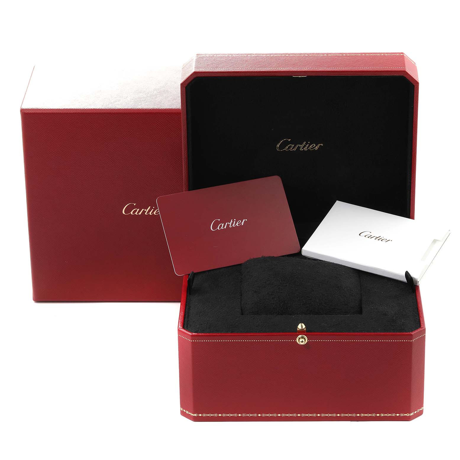 The image shows the packaging, documentation, and display box for the Cartier Tank Americaine WB7079M5 Women's Rose Gold Silver Dial WB7079M5 Women's Rose Gold Silver Dial watch.